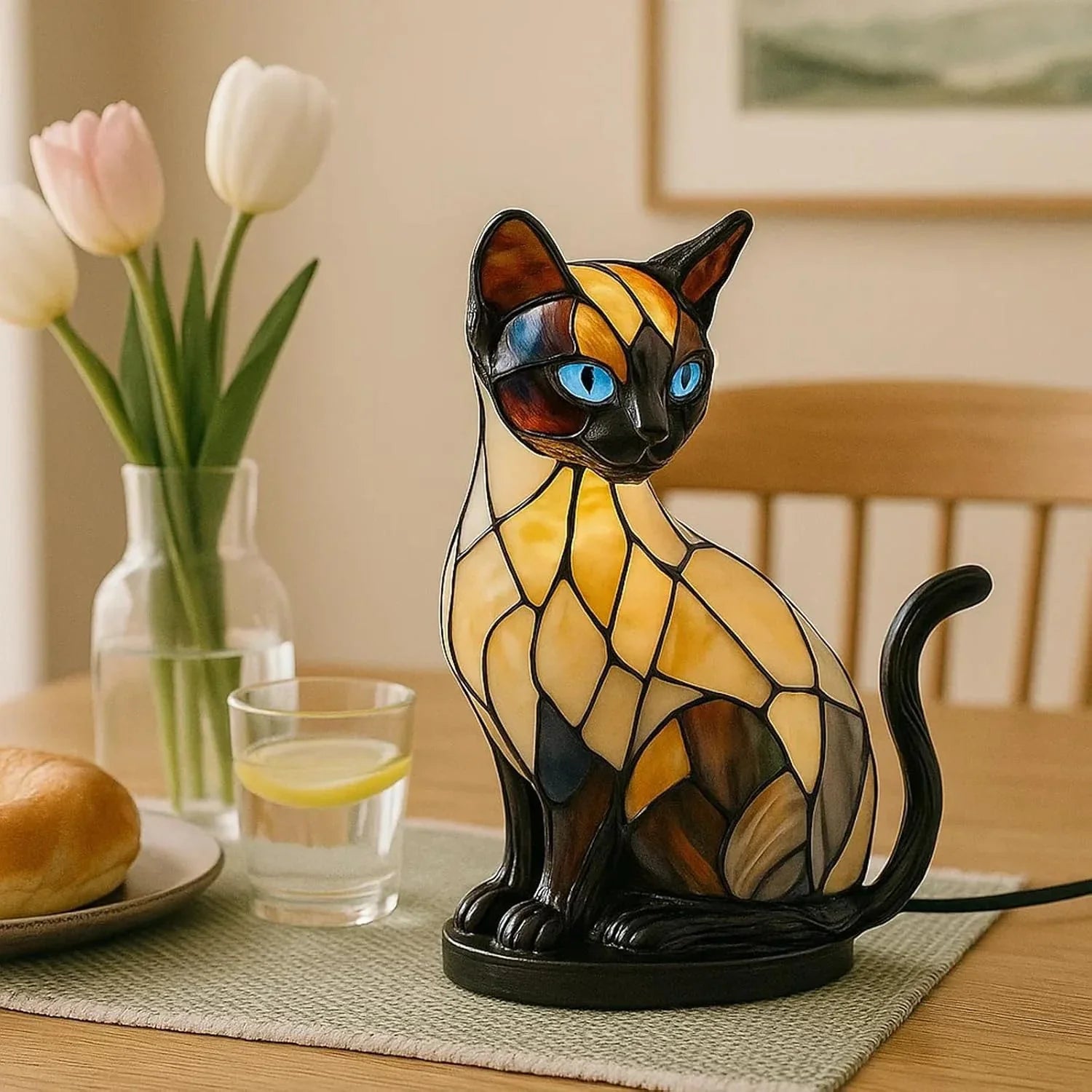 Vintage 3D Stained Glass Lamp - USB-Powered Resin LED Night Light with Sitting Design, Cozy Glow Desk & Mantel Decor, Decorative Table Lamp for Lovers, Safe Low Voltage (Under 36V) - Ideal Gift for Pet Owners, Home & Office A House Of Avana