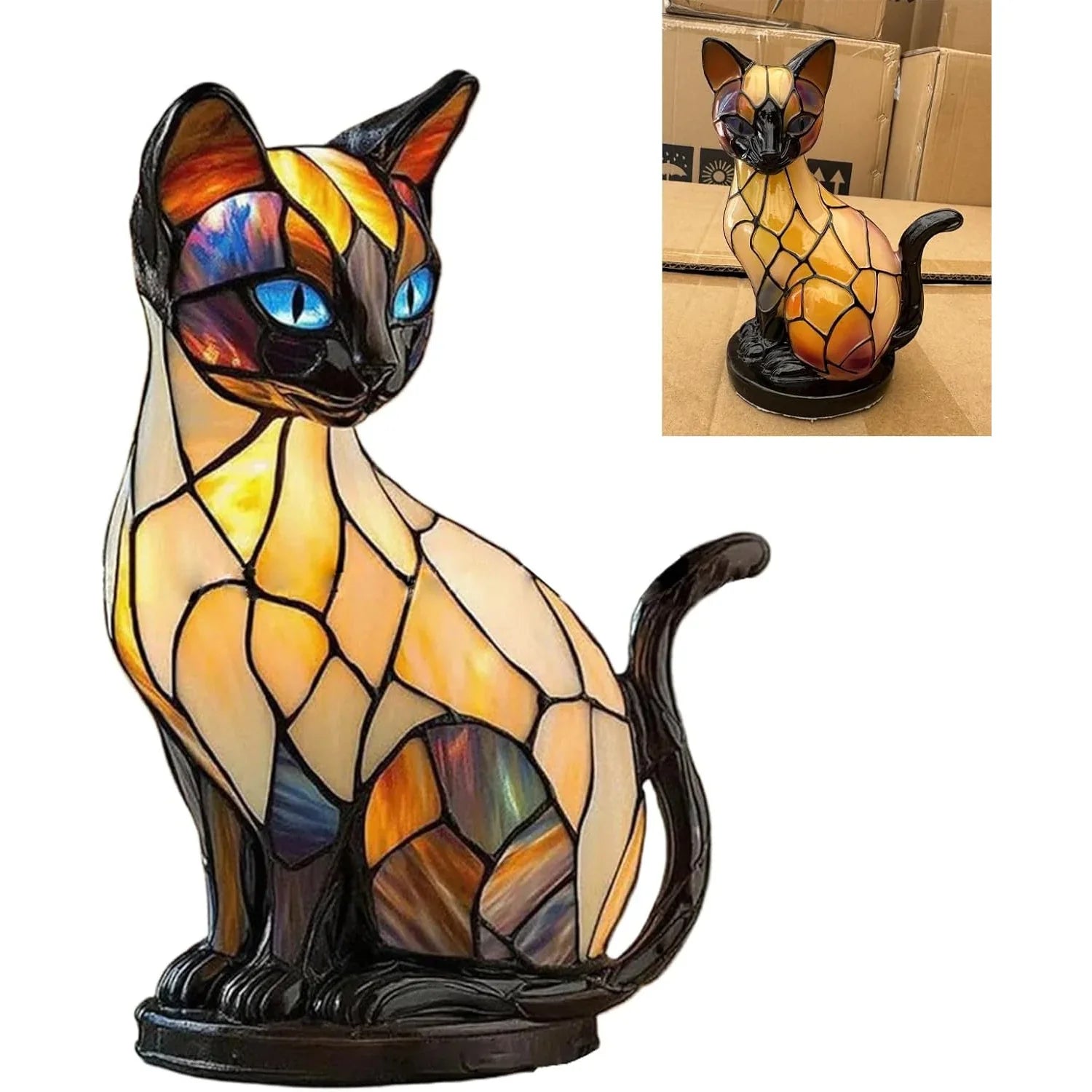 Vintage 3D Stained Glass Lamp - USB-Powered Resin LED Night Light with Sitting Design, Cozy Glow Desk & Mantel Decor, Decorative Table Lamp for Lovers, Safe Low Voltage (Under 36V) - Ideal Gift for Pet Owners, Home & Office A House Of Avana