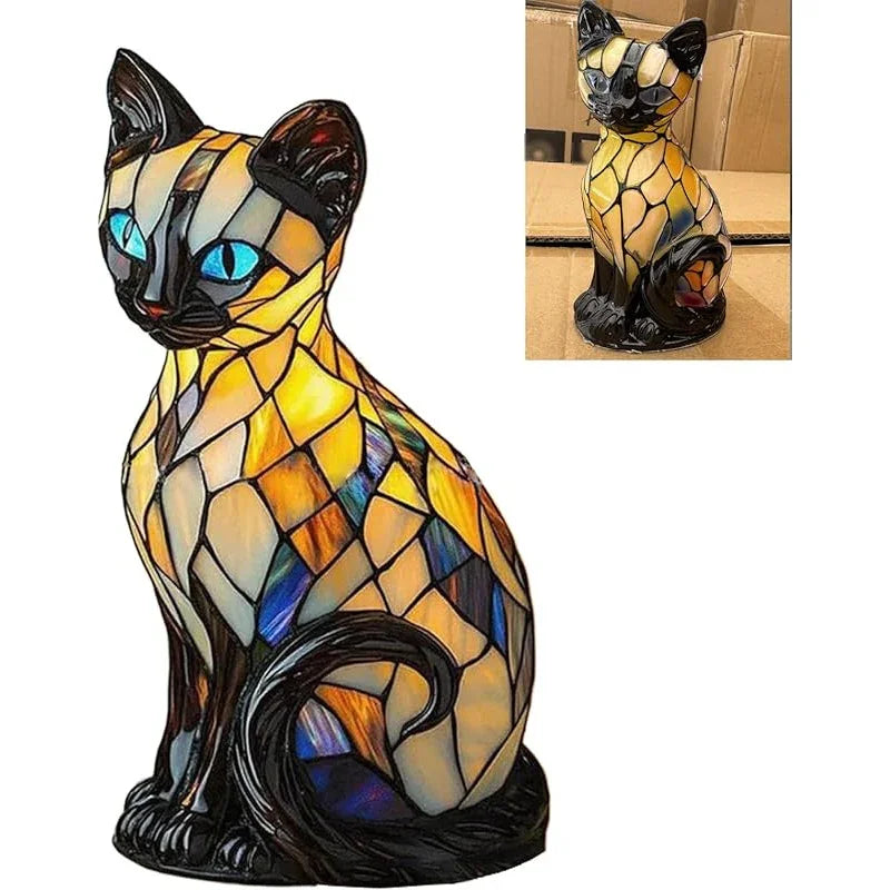 Vintage 3D Stained Glass Lamp - USB-Powered Resin LED Night Light with Sitting Design, Cozy Glow Desk & Mantel Decor, Decorative Table Lamp for Lovers, Safe Low Voltage (Under 36V) - Ideal Gift for Pet Owners, Home & Office A House Of Avana
