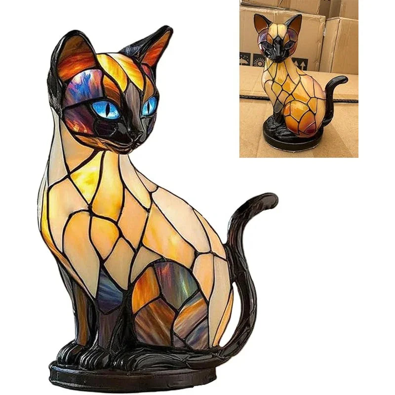 Vintage 3D Stained Glass Lamp - USB-Powered Resin LED Night Light with Sitting Design, Cozy Glow Desk & Mantel Decor, Decorative Table Lamp for Lovers, Safe Low Voltage (Under 36V) - Ideal Gift for Pet Owners, Home & Office A House Of Avana