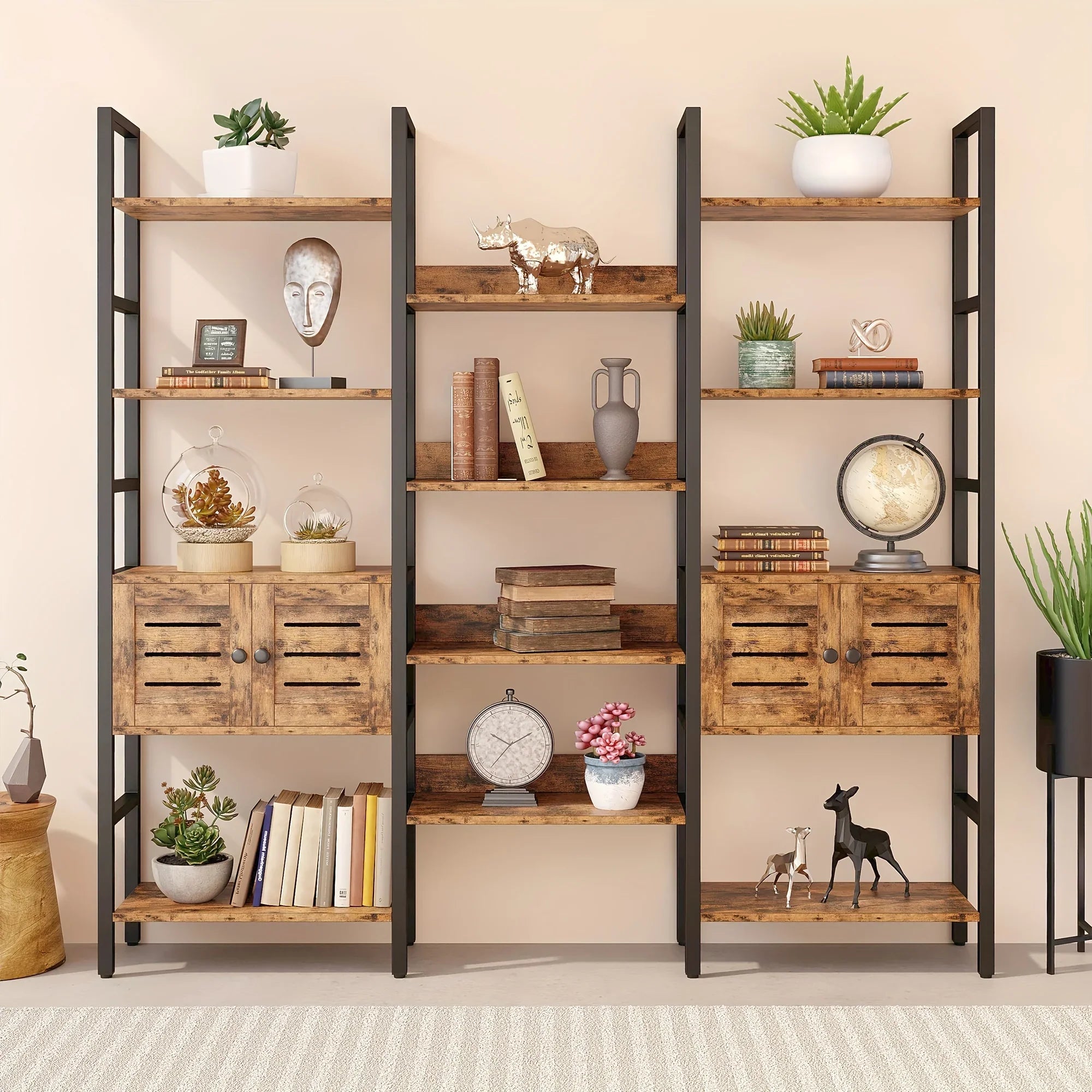 Multi-purpose bookshelf/bookcase/display shelf/storage cabinet, five shelves with 2 cabinets + 14 open shelves, solid structure, large storage space, suitable for home office, warehouse, kitchen, living room, vintage brown, B House Of Avana