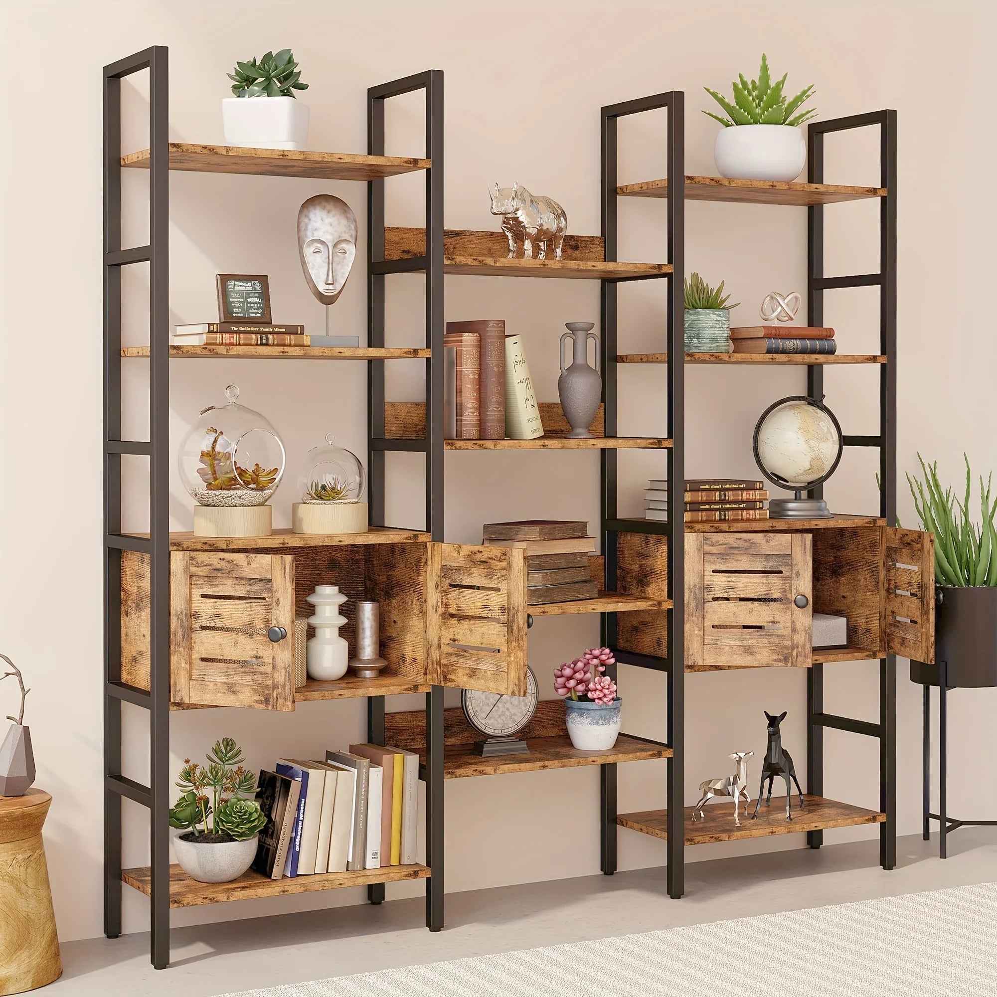 Multi-purpose bookshelf/bookcase/display shelf/storage cabinet, five shelves with 2 cabinets + 14 open shelves, solid structure, large storage space, suitable for home office, warehouse, kitchen, living room, vintage brown, B House Of Avana