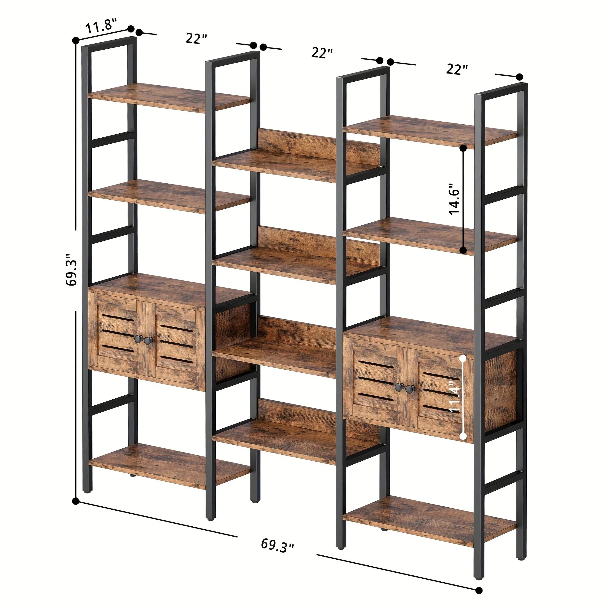 Multi-purpose bookshelf/bookcase/display shelf/storage cabinet, five shelves with 2 cabinets + 14 open shelves, solid structure, large storage space, suitable for home office, warehouse, kitchen, living room, vintage brown, B House Of Avana