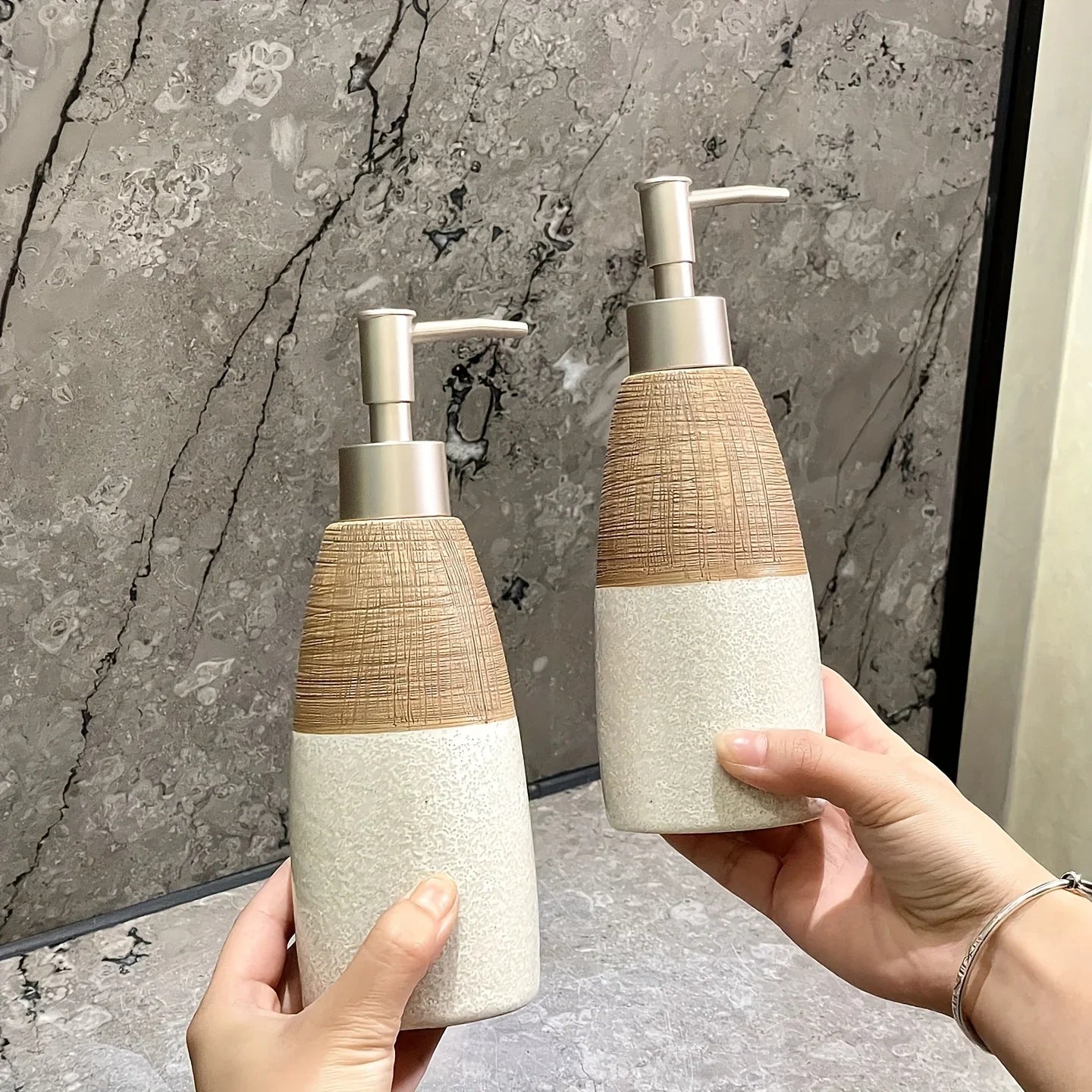 Vintage Ceramic Soap Dispenser with Press Pump - Rustic White & Gray Striped Design, Phthalate-Free, Freestanding for Bathroom & Kitchen, No Electricity Needed, Bathroom Soap Holder, Kitchen Accessory, Textured Finish, Durabl House Of Avana