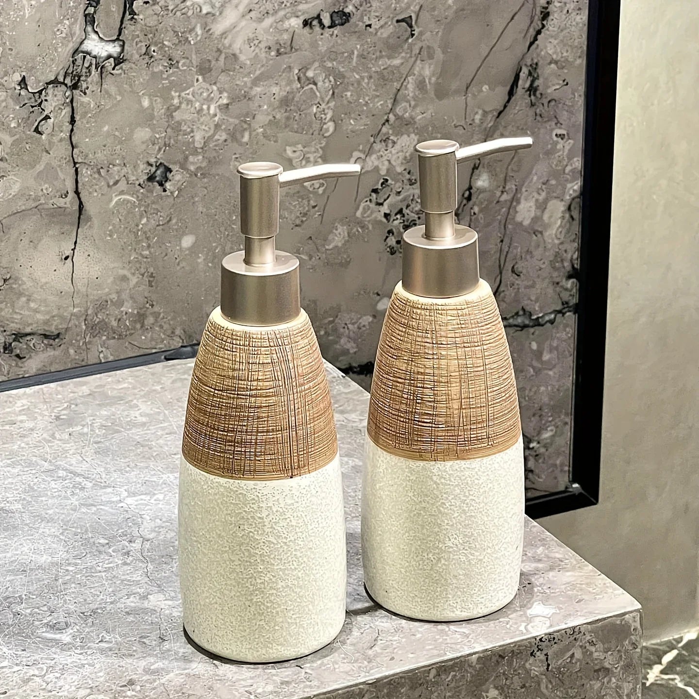 Vintage Ceramic Soap Dispenser with Press Pump - Rustic White & Gray Striped Design, Phthalate-Free, Freestanding for Bathroom & Kitchen, No Electricity Needed, Bathroom Soap Holder, Kitchen Accessory, Textured Finish, Durabl House Of Avana