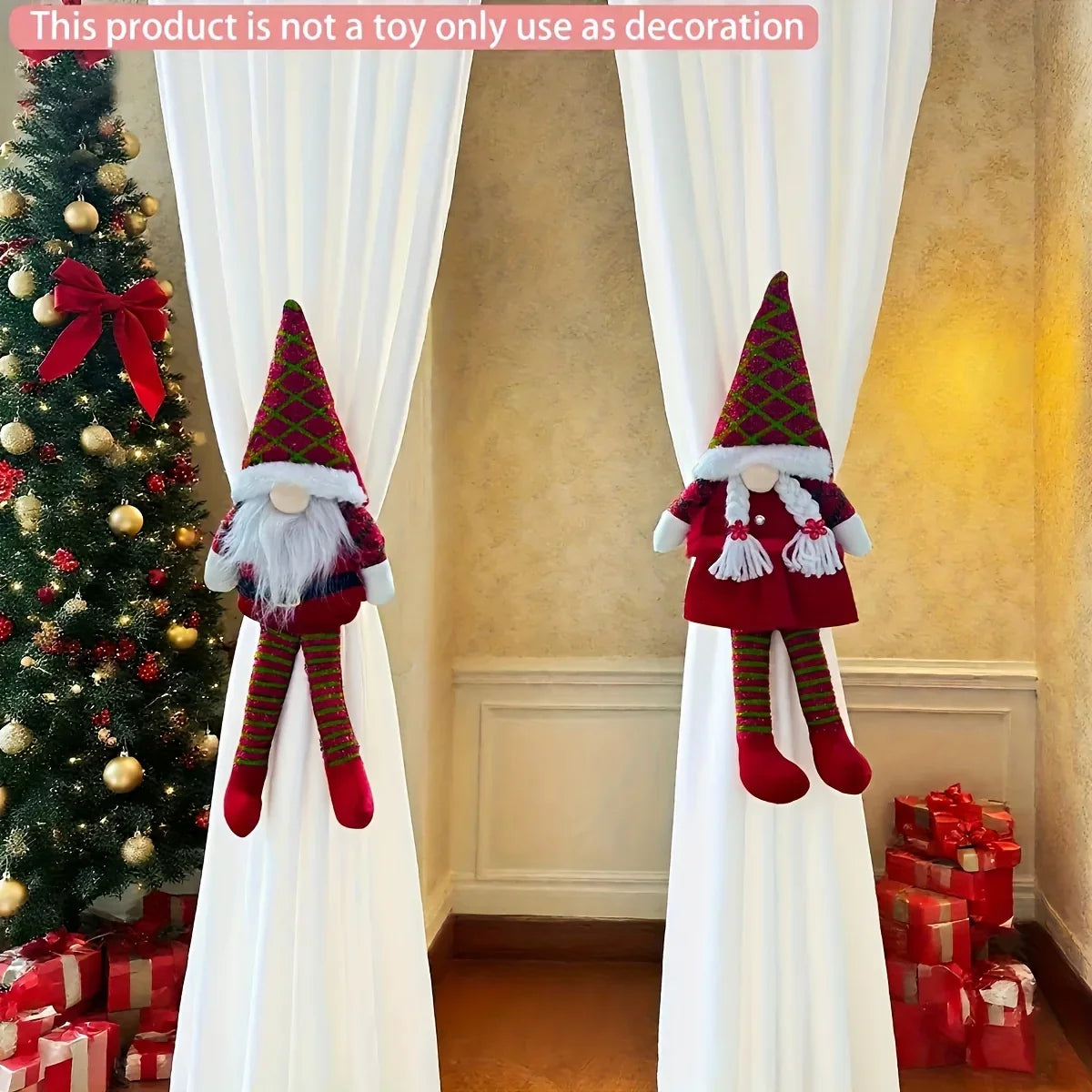 2pcs Vintage Christmas Gnome Curtain Hanging Decorations - Red & White Striped Gnomes with Clip-On Hooks, Durable Window & Wall Ornaments, Traditional European-Inspired /Outdoor Holiday Decor for Xmas Tree Topper & House Of Avana