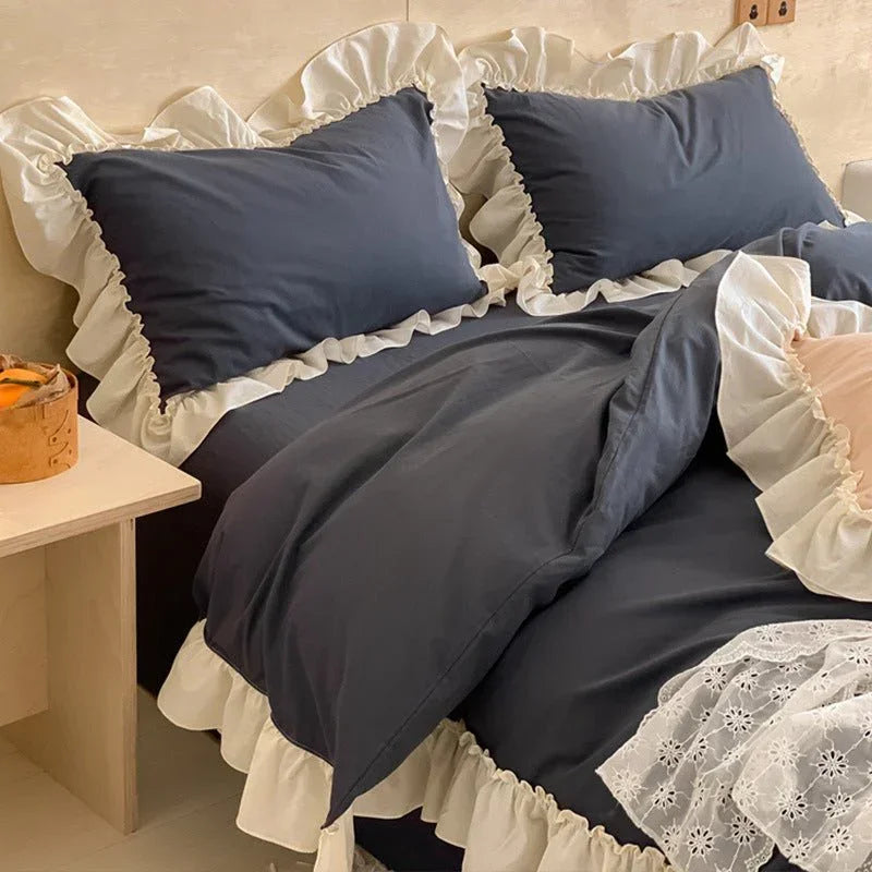 Vintage Earth Tone Large Ruffle Bedding Set / Royal Blue Ever Lasting