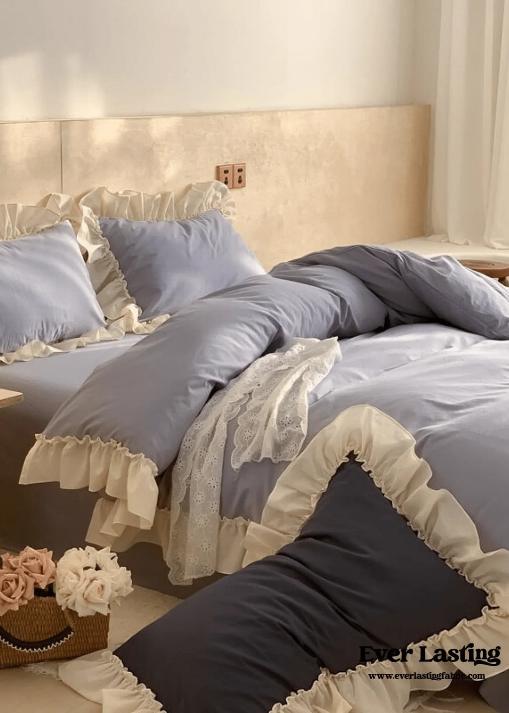 Vintage Earth Tone Large Ruffle Bedding Set / Royal Blue Ever Lasting