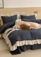 Vintage Earth Tone Large Ruffle Bedding Set / Royal Blue Ever Lasting