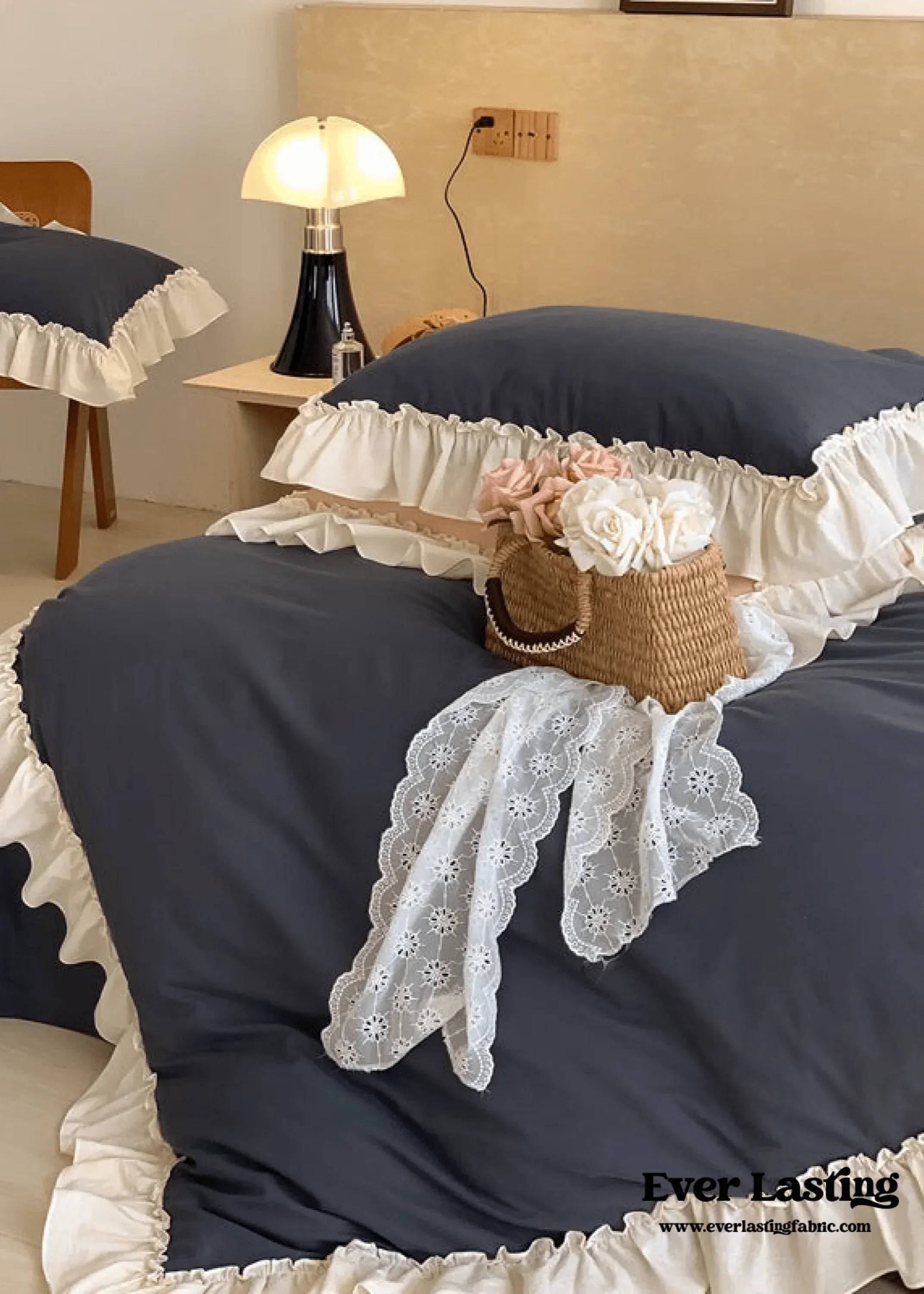 Vintage Earth Tone Large Ruffle Bedding Set / Royal Blue Ever Lasting