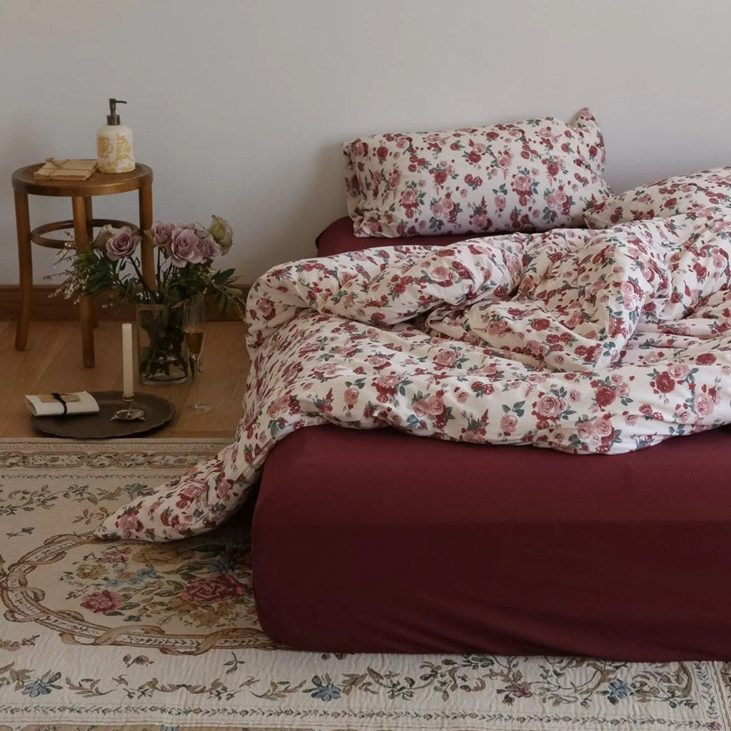 Vintage Floral Jersey Knit Bedding Set / Maroon Red Ever Lasting