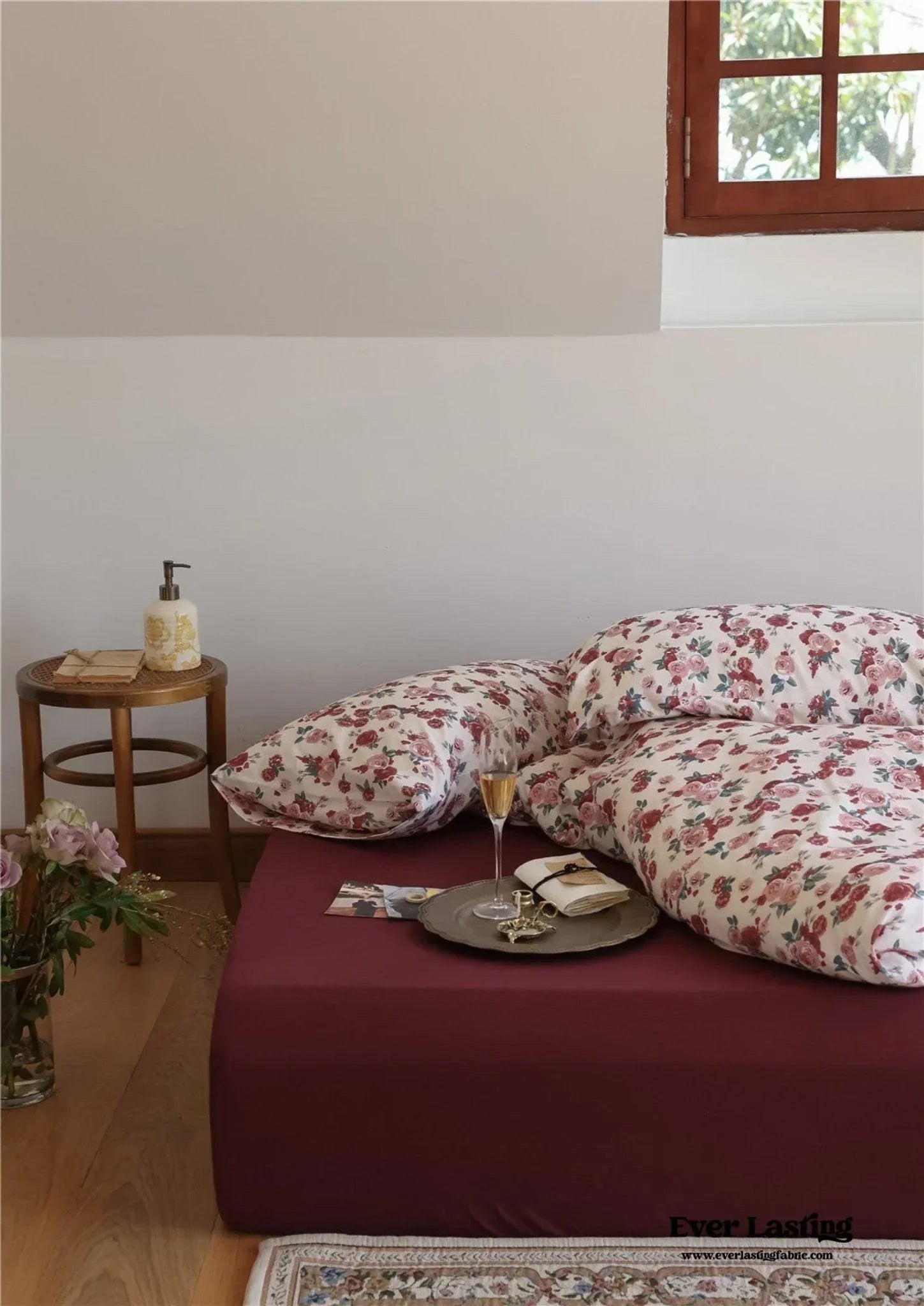 Vintage Floral Jersey Knit Bedding Set / Maroon Red Ever Lasting