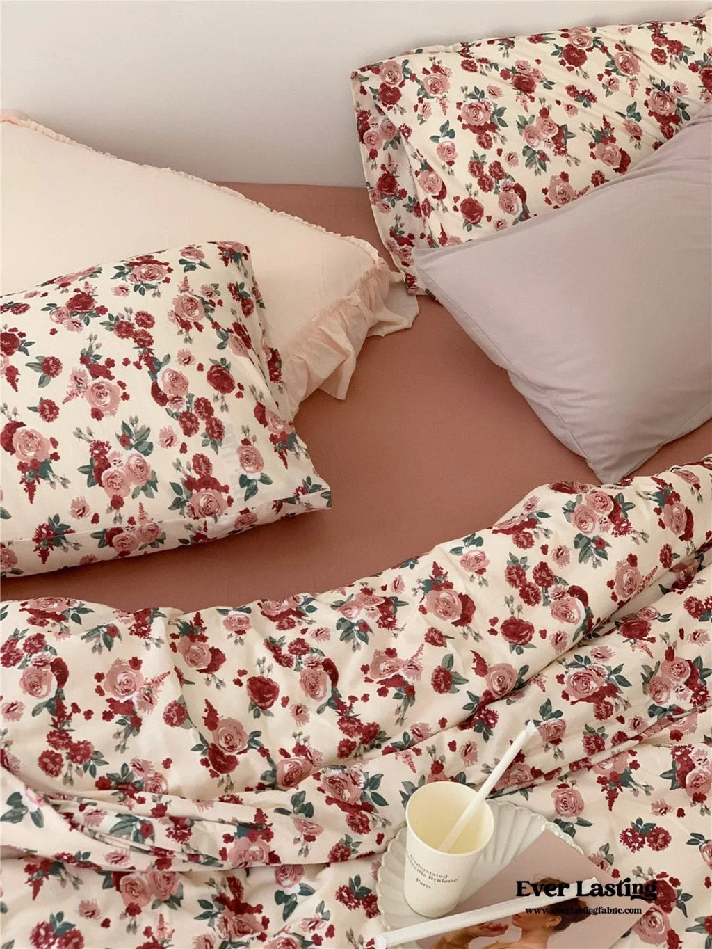 Vintage Floral Jersey Knit Bedding Set / Maroon Red Ever Lasting