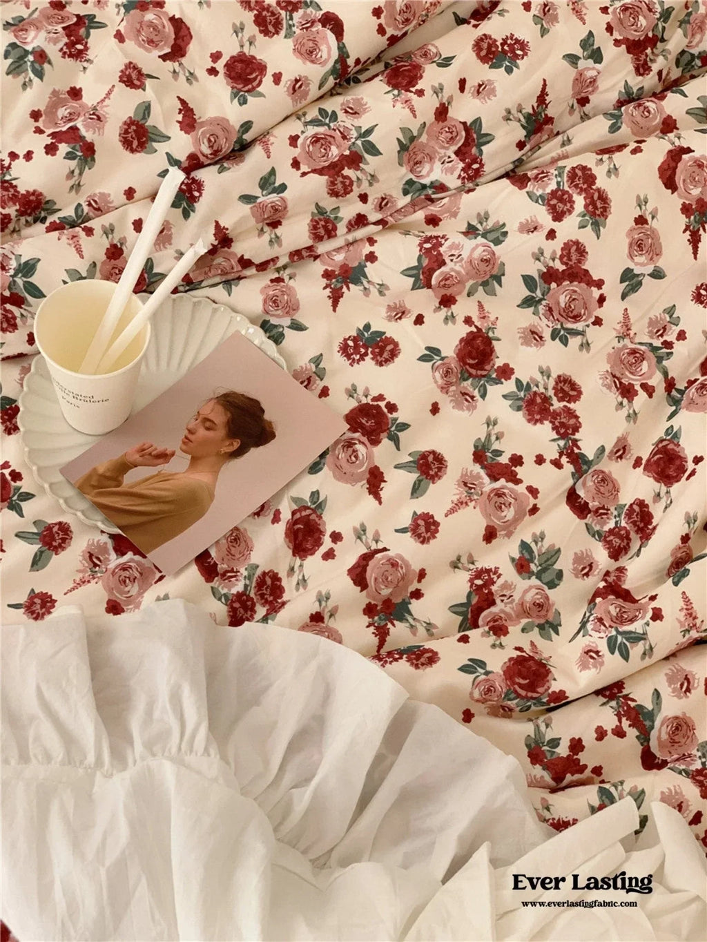 Vintage Floral Jersey Knit Bedding Set / Maroon Red Ever Lasting