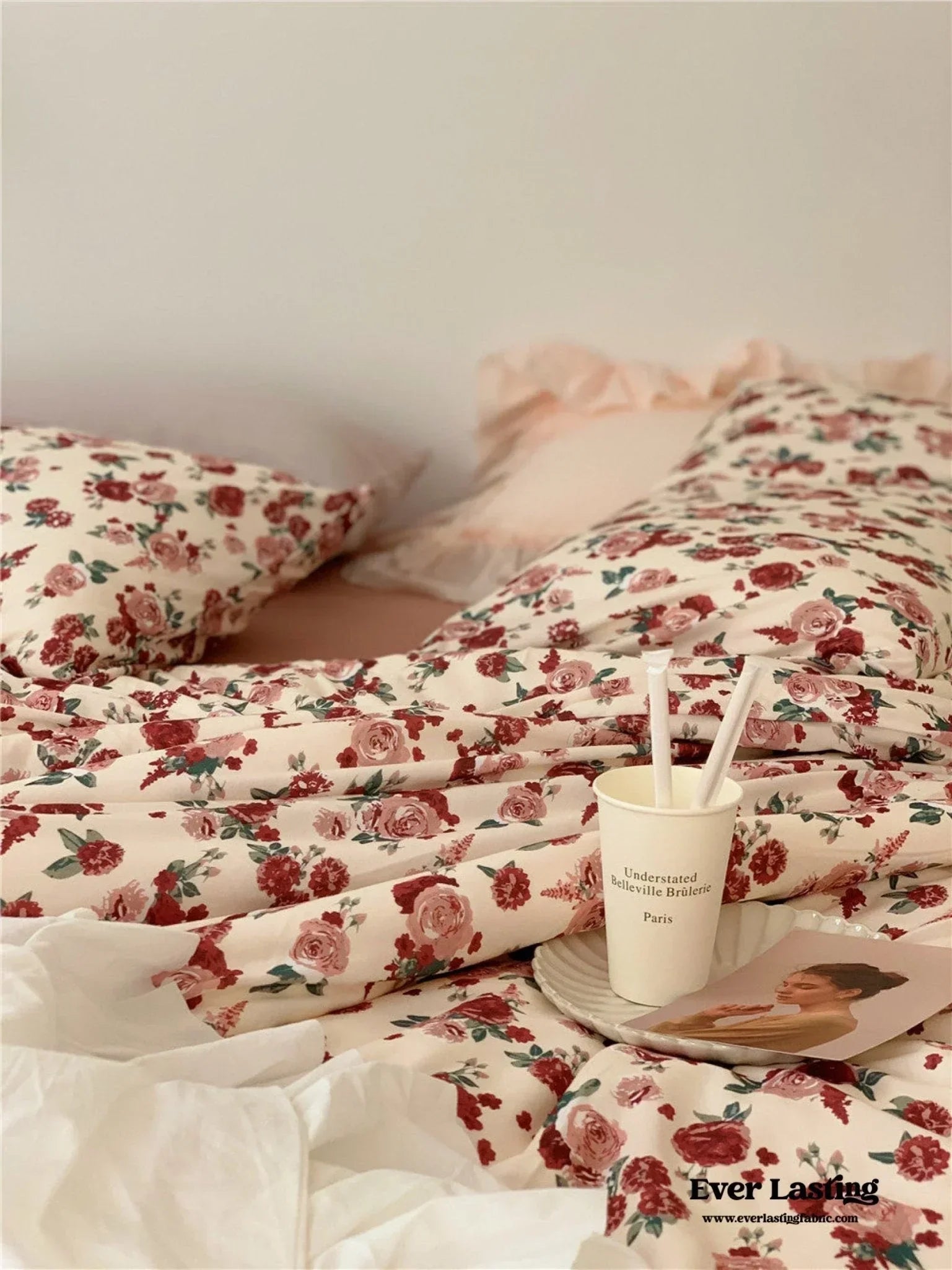 Vintage Floral Jersey Knit Bedding Set / Maroon Red Ever Lasting