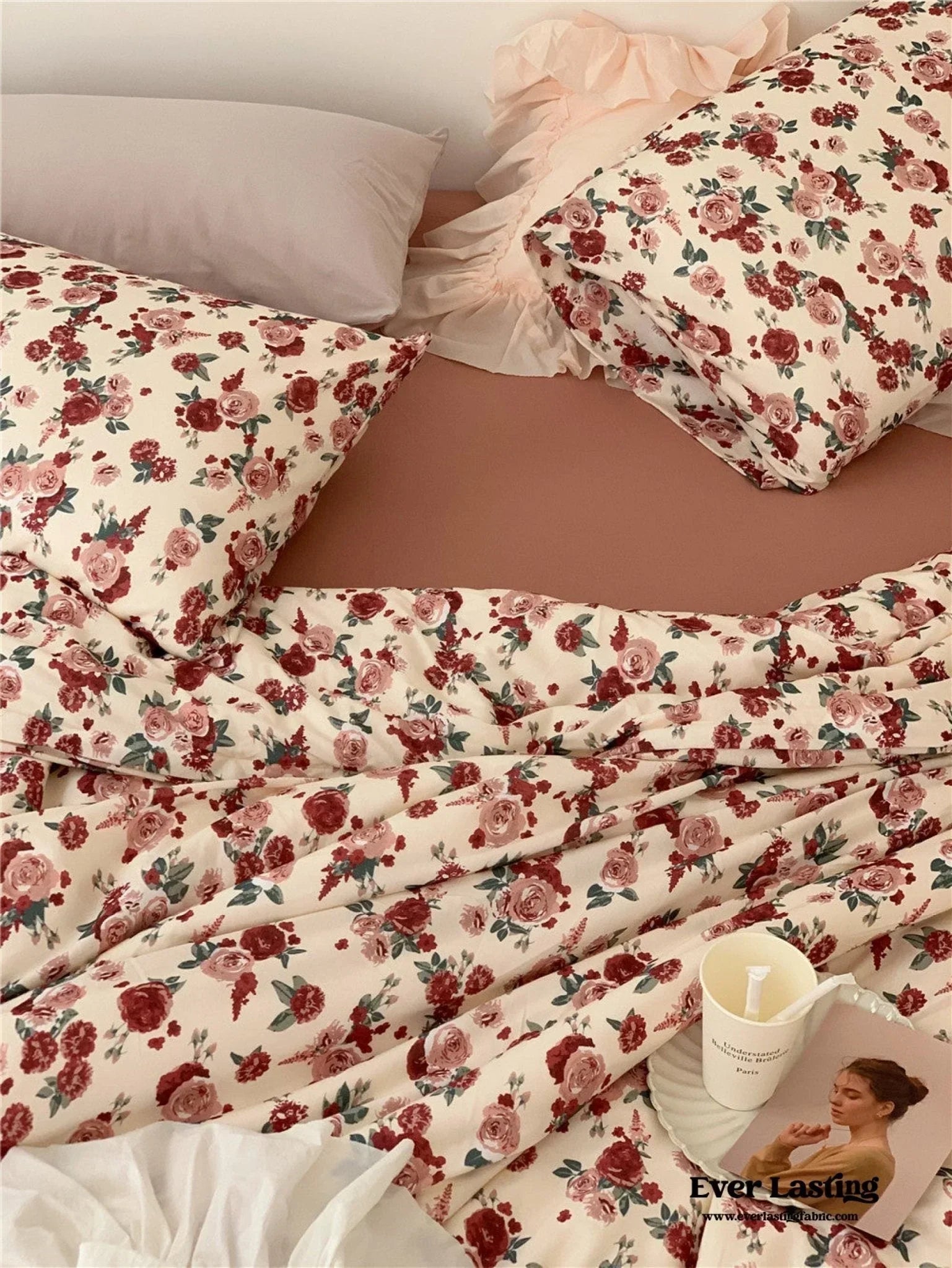Vintage Floral Jersey Knit Bedding Set / Maroon Red Ever Lasting
