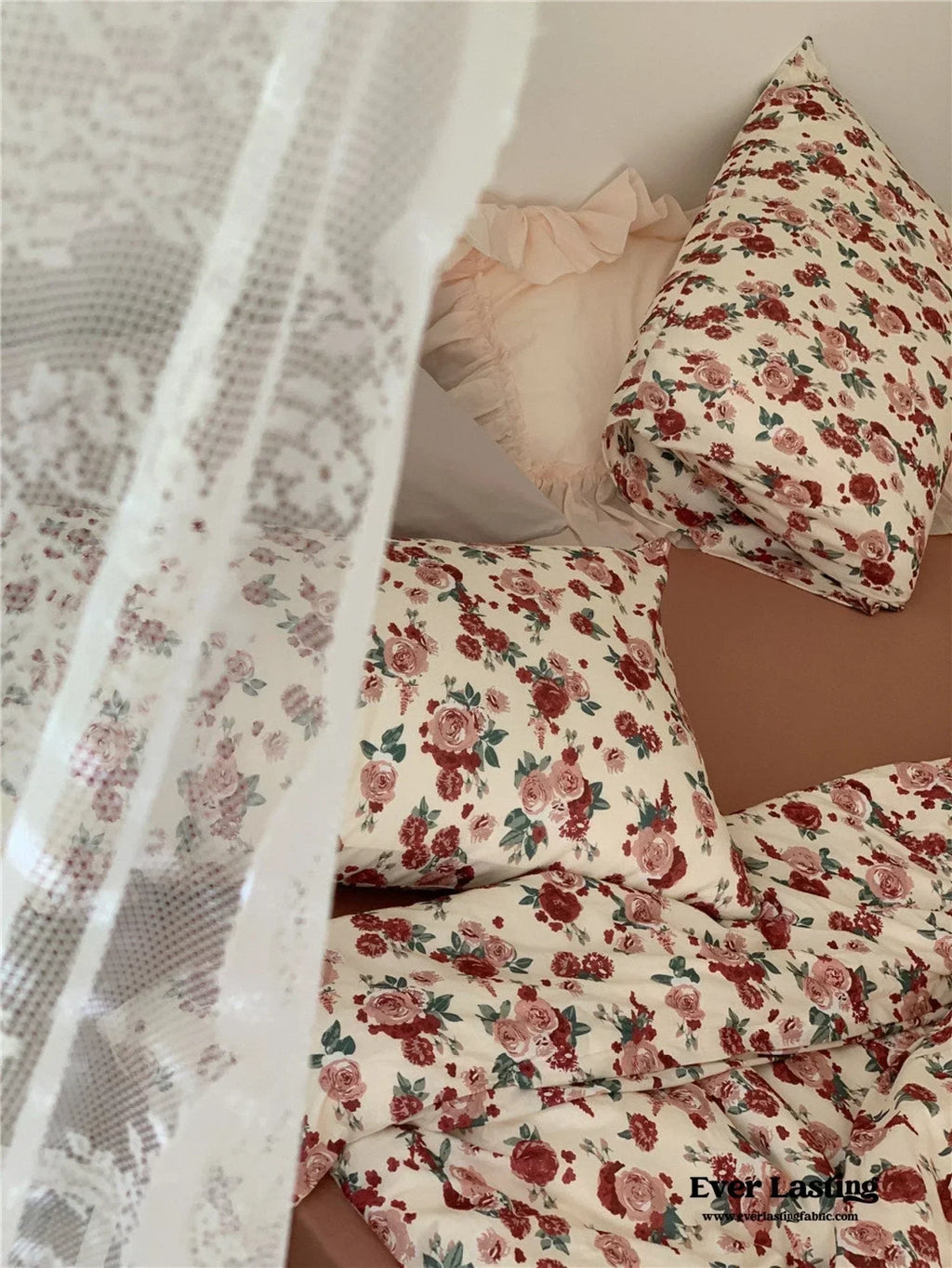 Vintage Floral Jersey Knit Bedding Set / Maroon Red Ever Lasting