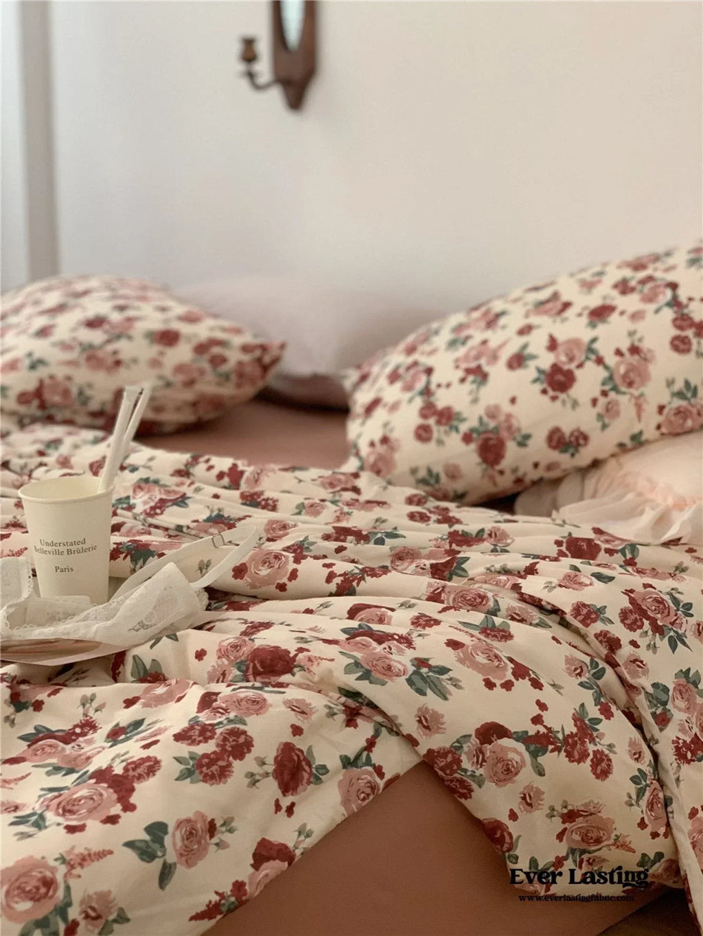 Vintage Floral Jersey Knit Bedding Set / Maroon Red Ever Lasting