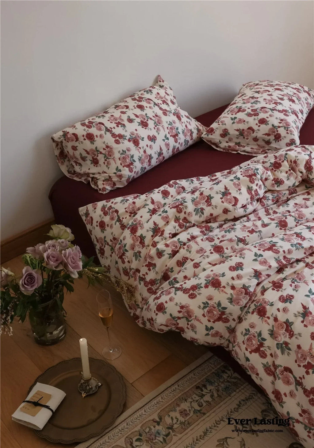 Vintage Floral Jersey Knit Bedding Set / Maroon Red Ever Lasting