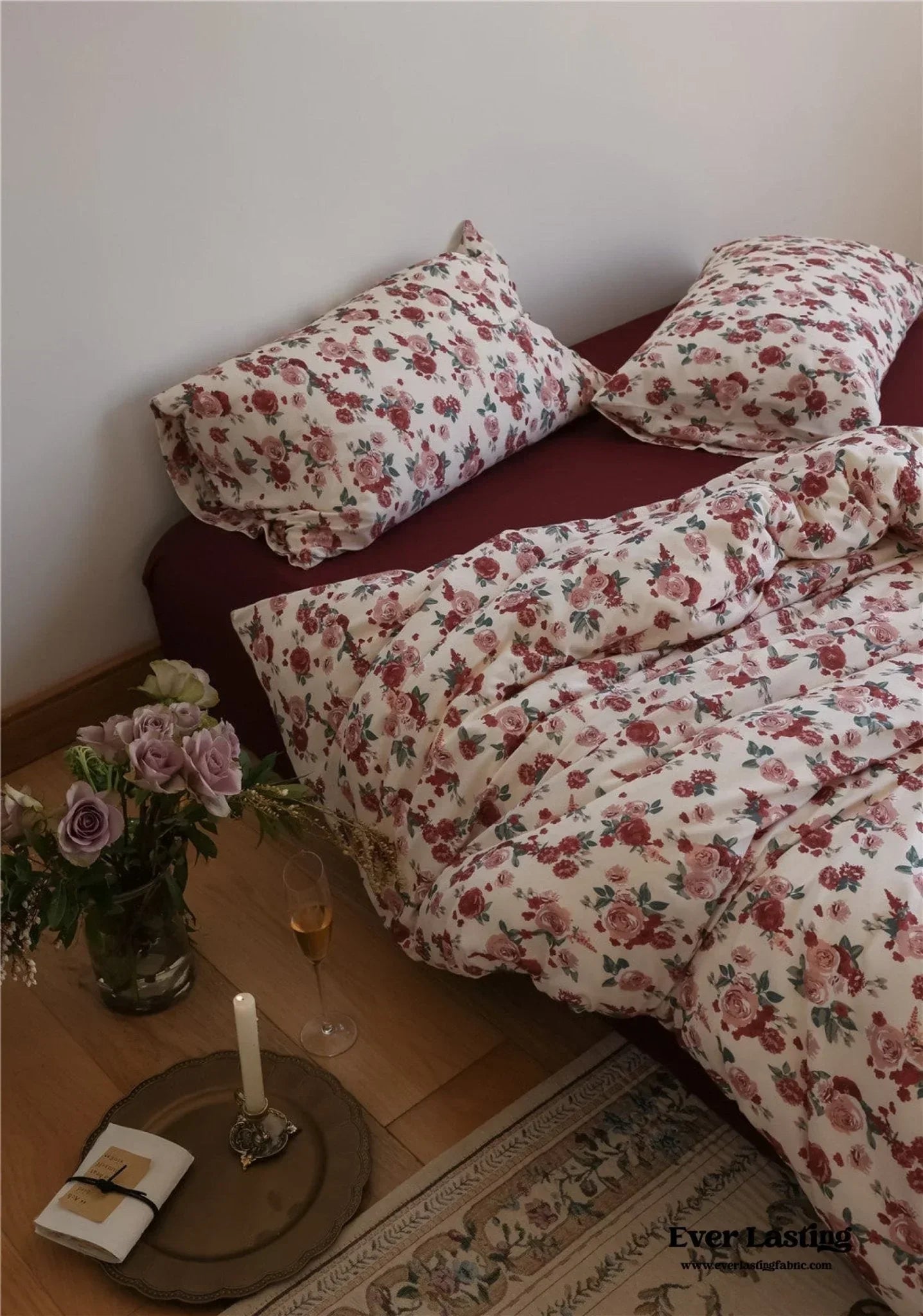 Vintage Floral Jersey Knit Bedding Set / Maroon Red Ever Lasting
