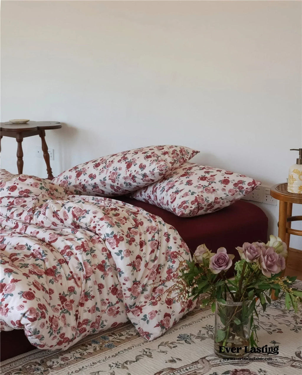 Vintage Floral Jersey Knit Bedding Set / Maroon Red Ever Lasting