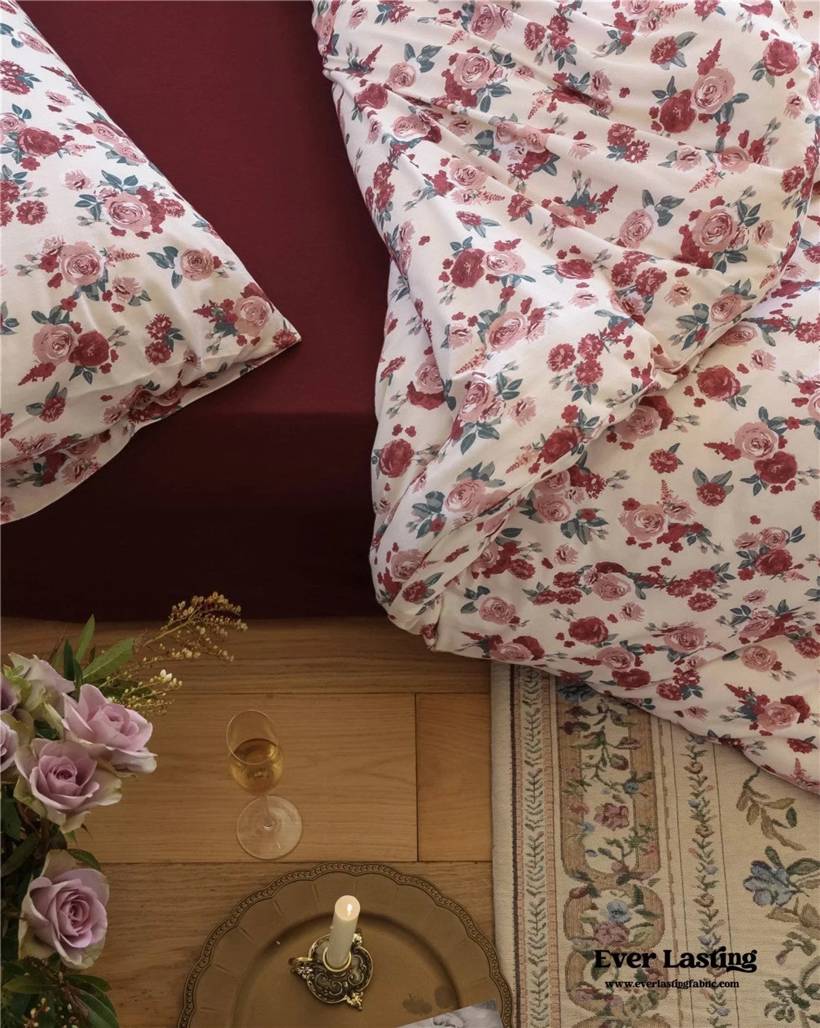 Vintage Floral Jersey Knit Bedding Set / Maroon Red Ever Lasting