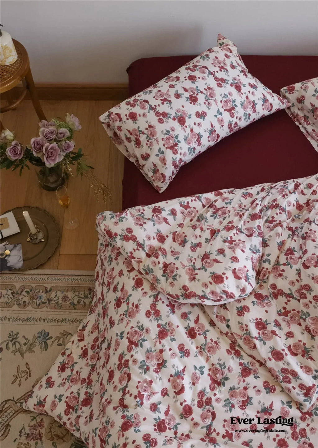 Vintage Floral Jersey Knit Bedding Set / Maroon Red Ever Lasting