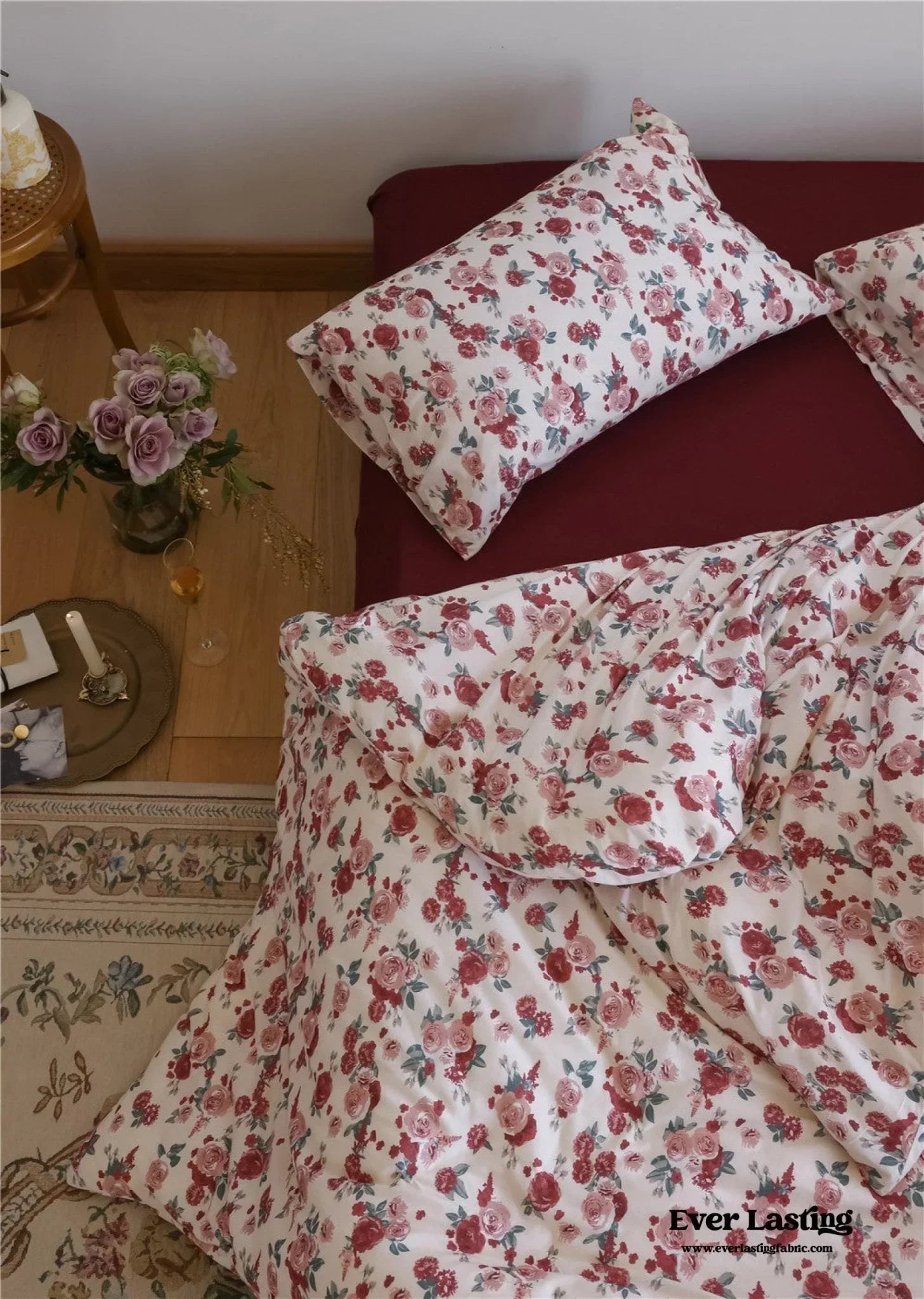 Vintage Floral Jersey Knit Bedding Set / Maroon Red Ever Lasting
