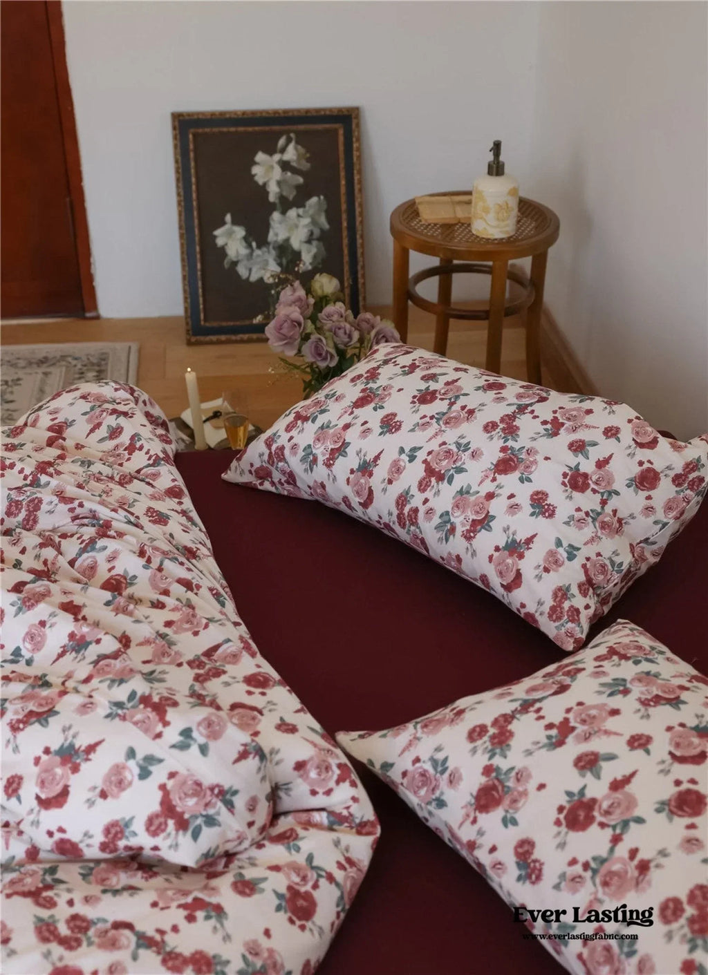 Vintage Floral Jersey Knit Bedding Set / Maroon Red Ever Lasting