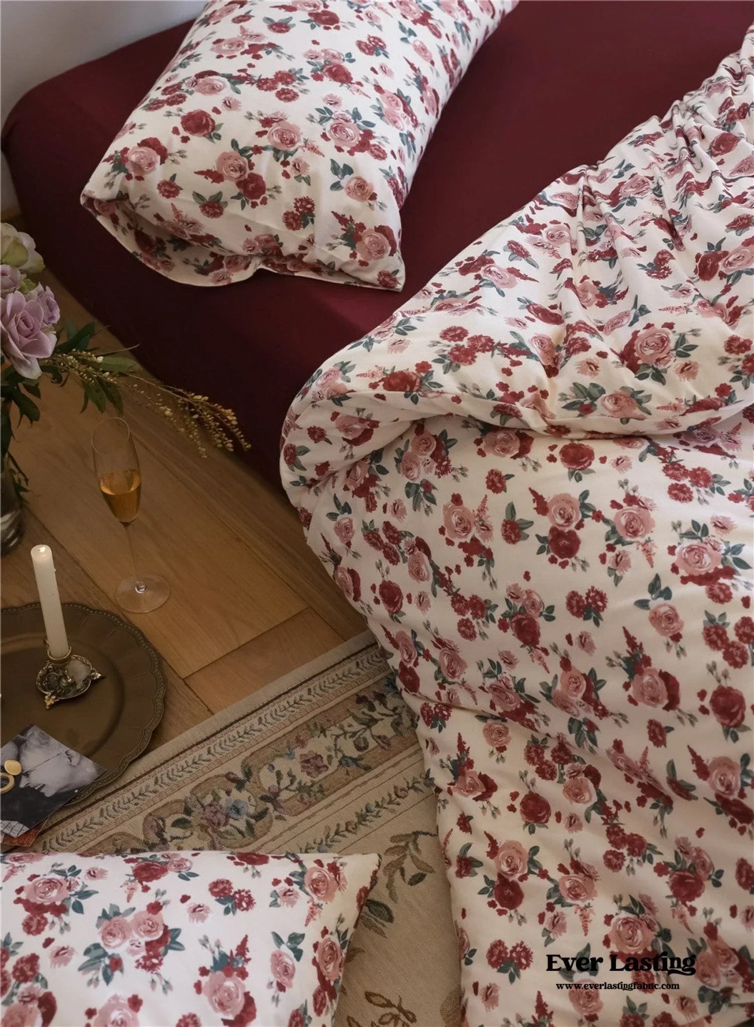 Vintage Floral Jersey Knit Bedding Set / Maroon Red Ever Lasting