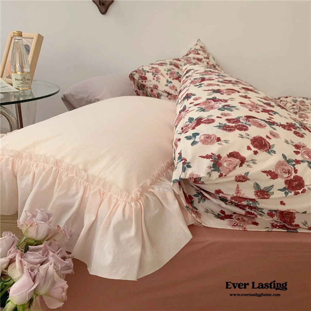 Vintage Floral Jersey Knit Bedding Set / Rust Pink Ever Lasting