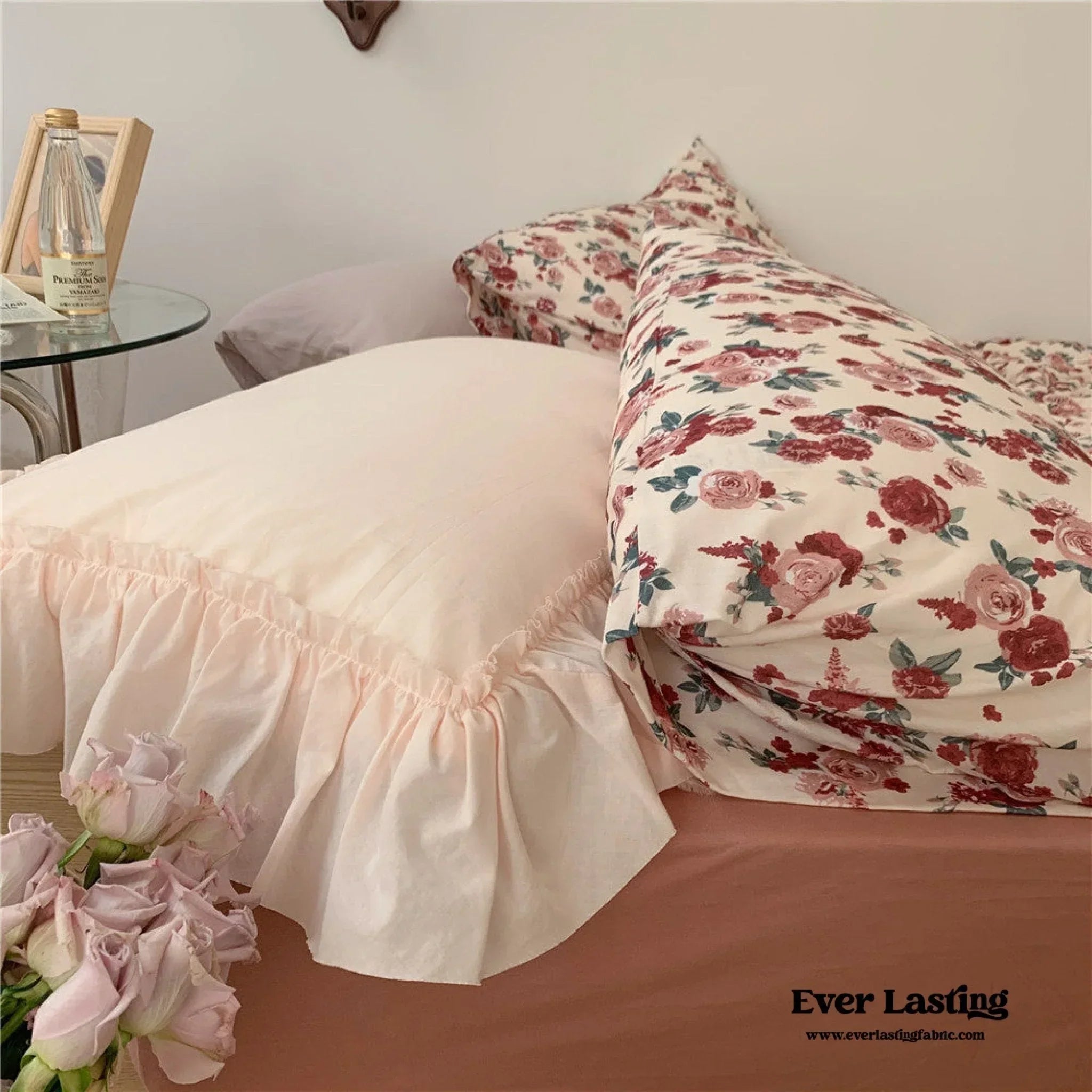Vintage Floral Jersey Knit Bedding Set / Rust Pink Ever Lasting