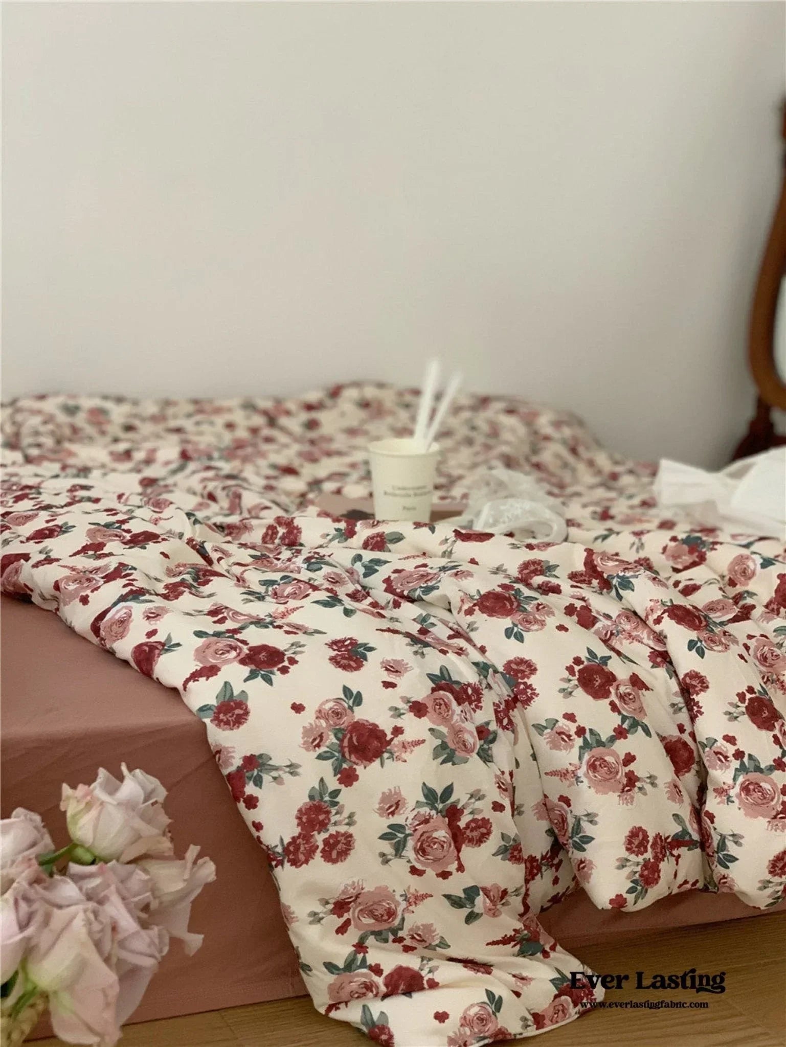 Vintage Floral Jersey Knit Bedding Set / Rust Pink Ever Lasting