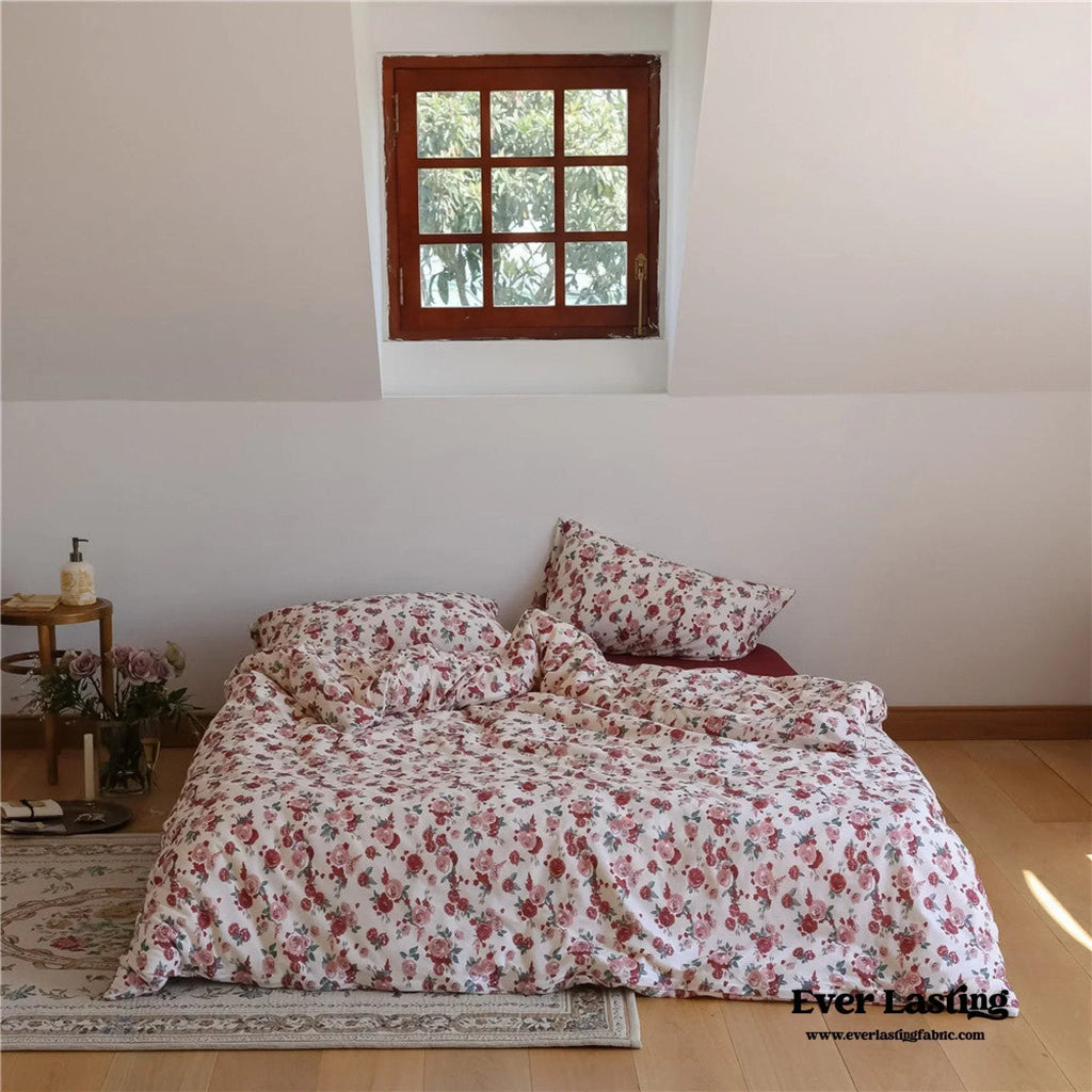 Vintage Floral Jersey Knit Bedding Set / Rust Pink Ever Lasting