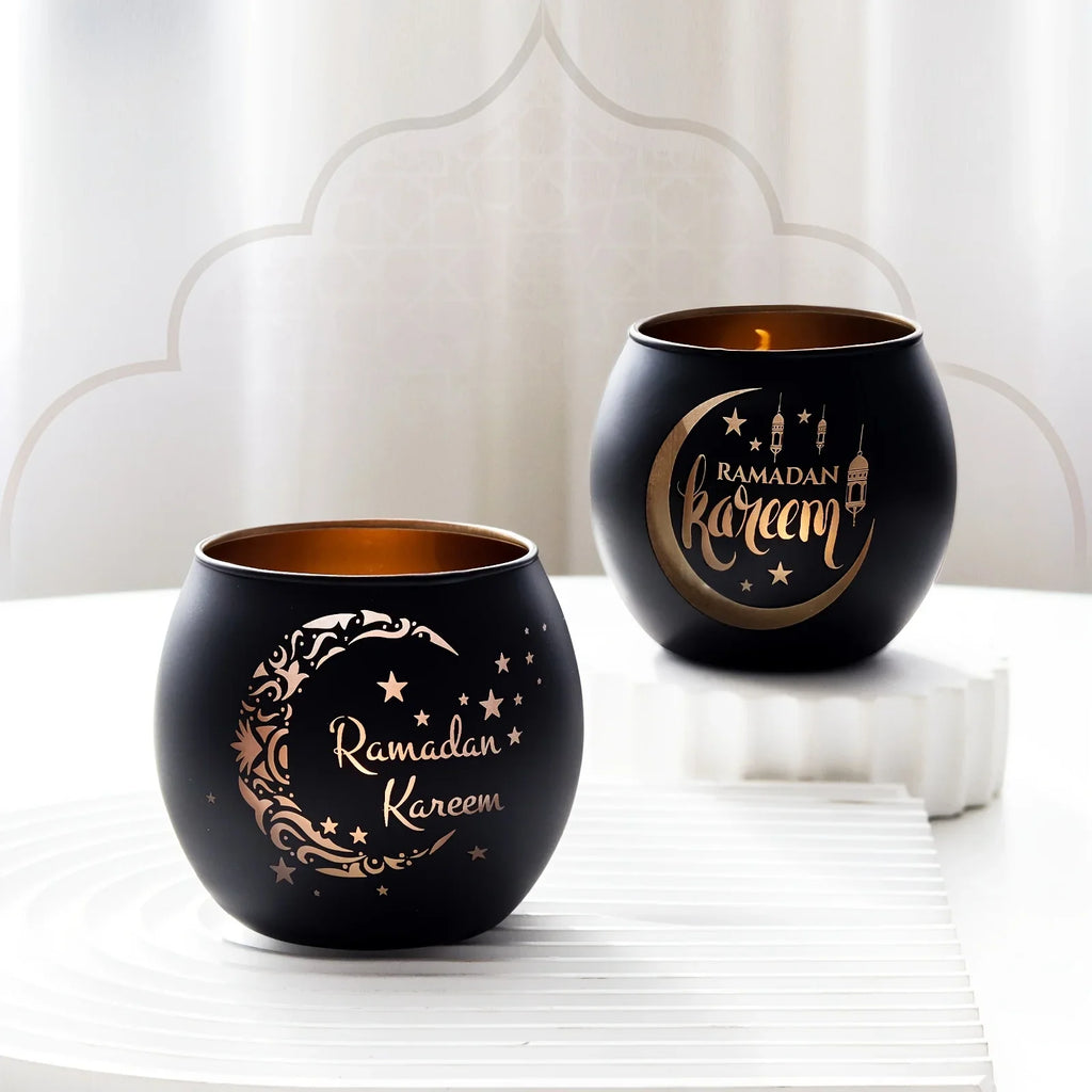 2pcs Vintage Glass Ramadan Candle Holders - Lacquered Finish, Tabletop Islamic Moon Star Design, Eid Al-Fitr Decor, No Electricity or Battery Needed, Ideal for Home & Party Decorations - Ramadan Kareem (Candles Not Included) House Of Avana