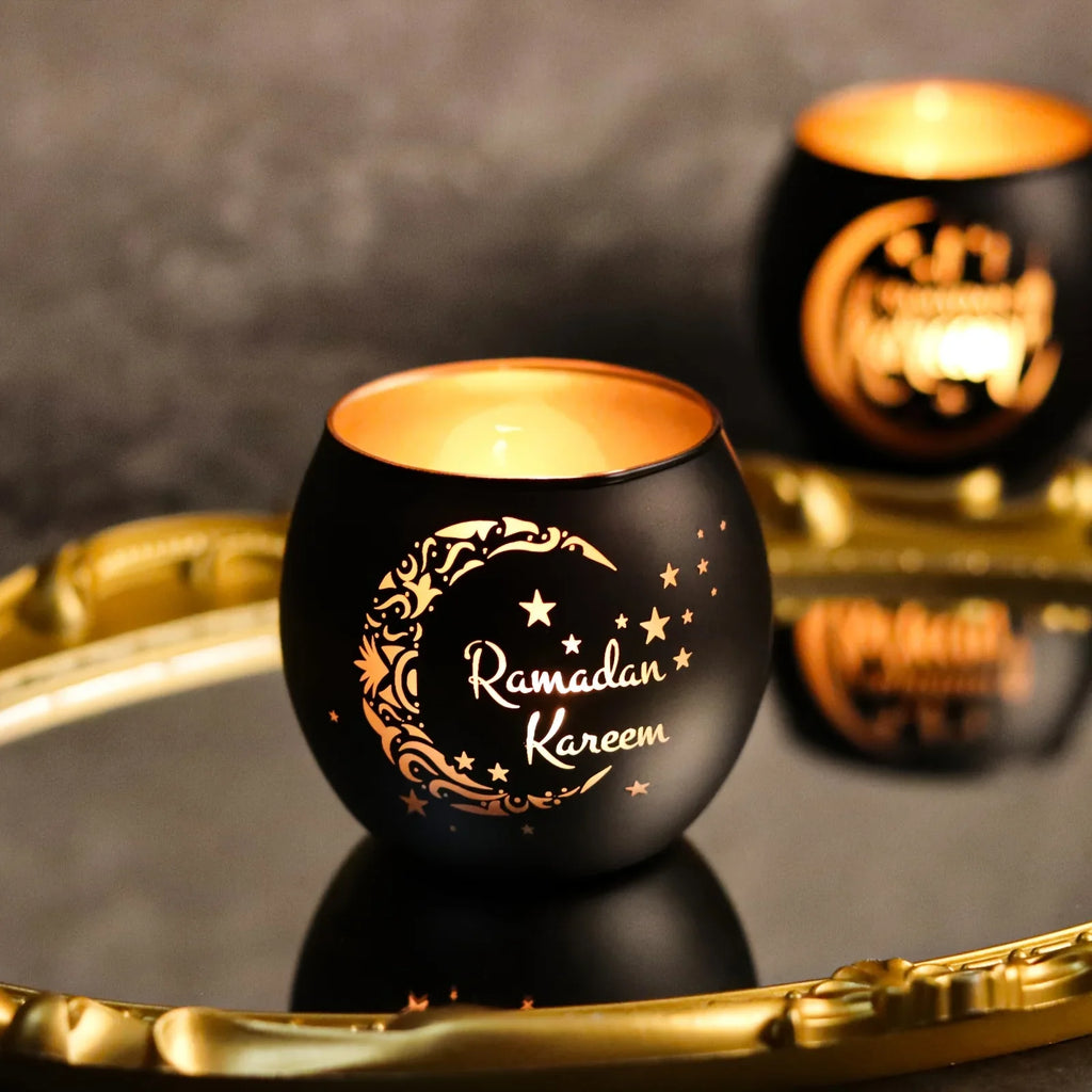 2pcs Vintage Glass Ramadan Candle Holders - Lacquered Finish, Tabletop Islamic Moon Star Design, Eid Al-Fitr Decor, No Electricity or Battery Needed, Ideal for Home & Party Decorations - Ramadan Kareem (Candles Not Included) House Of Avana