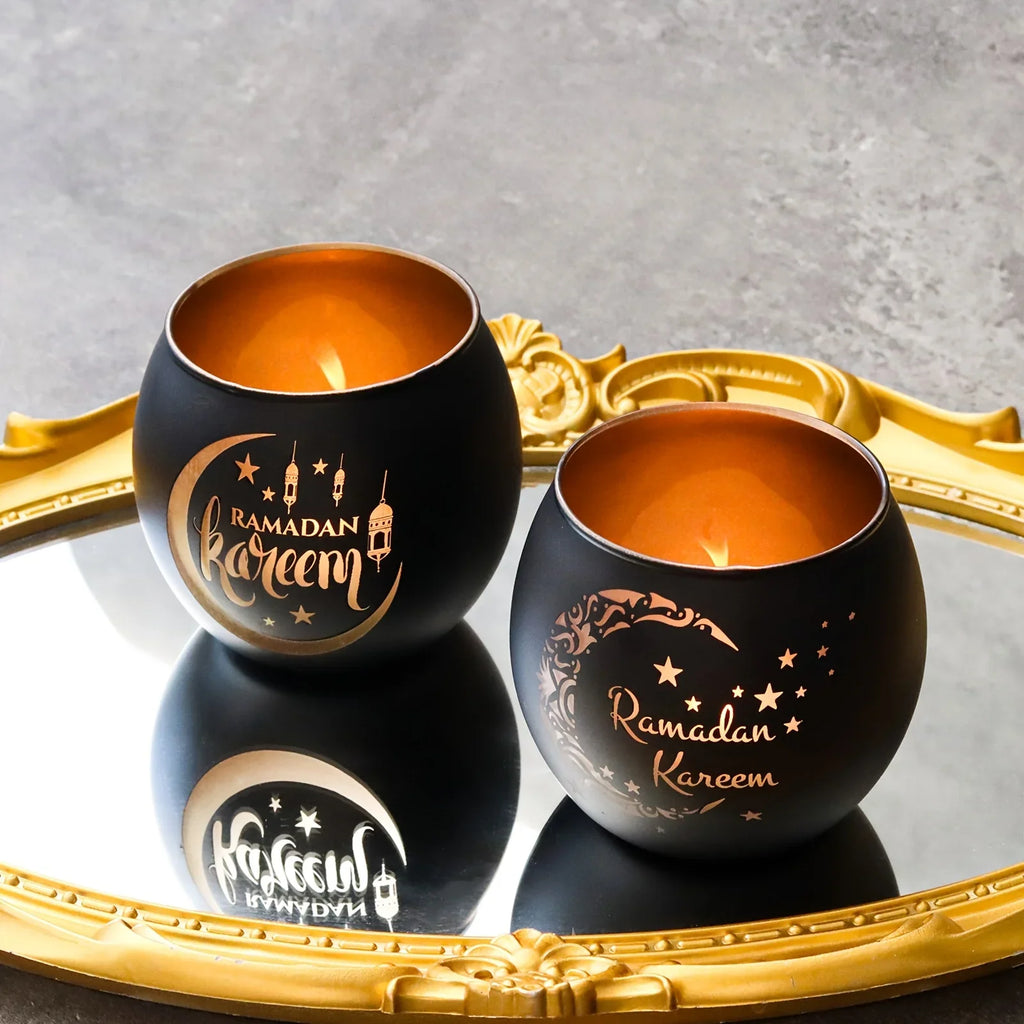 2pcs Vintage Glass Ramadan Candle Holders - Lacquered Finish, Tabletop Islamic Moon Star Design, Eid Al-Fitr Decor, No Electricity or Battery Needed, Ideal for Home & Party Decorations - Ramadan Kareem (Candles Not Included) House Of Avana
