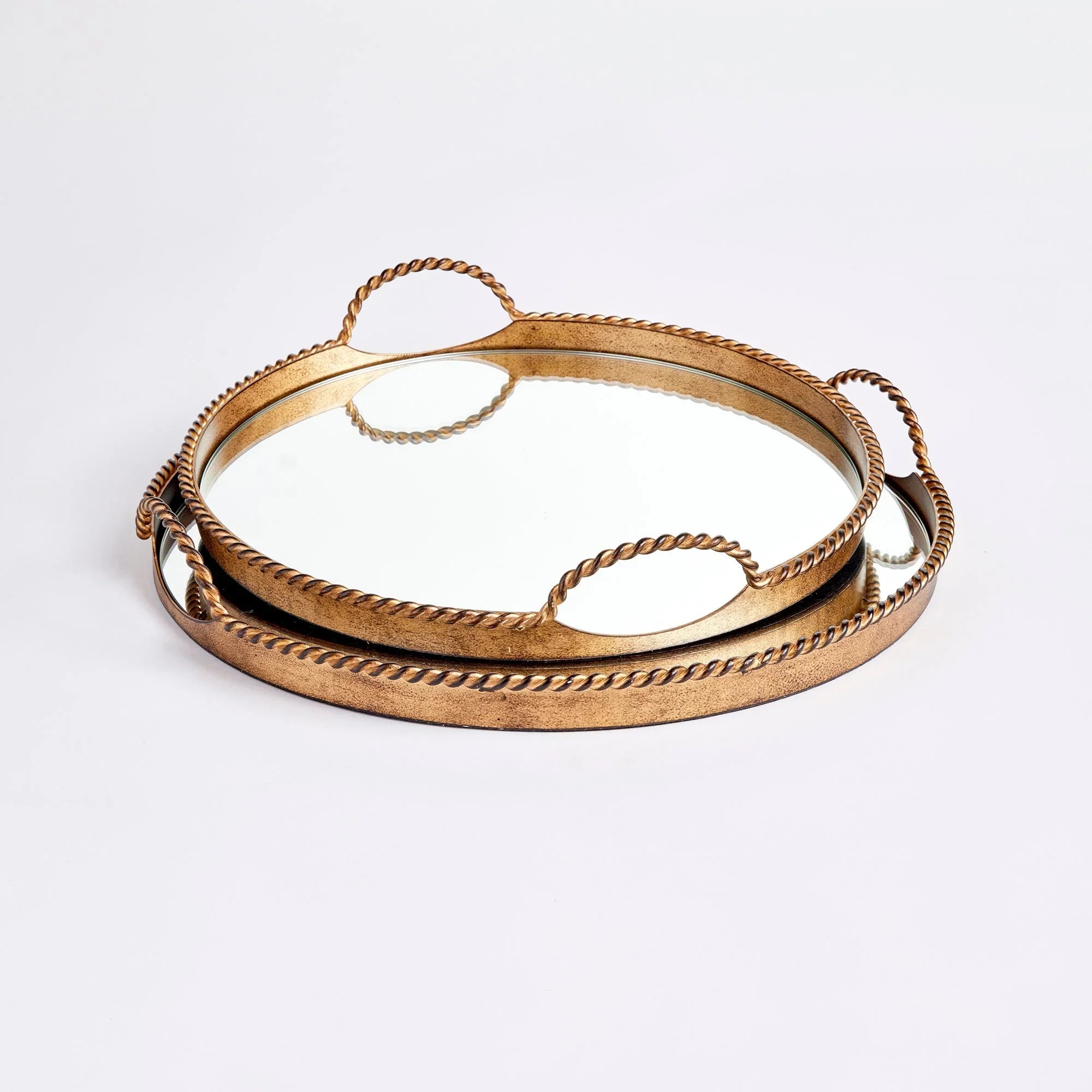 Vintage Gold Mirrored Tray Set with Braided Handles (Set of 2) Vintage Shopper