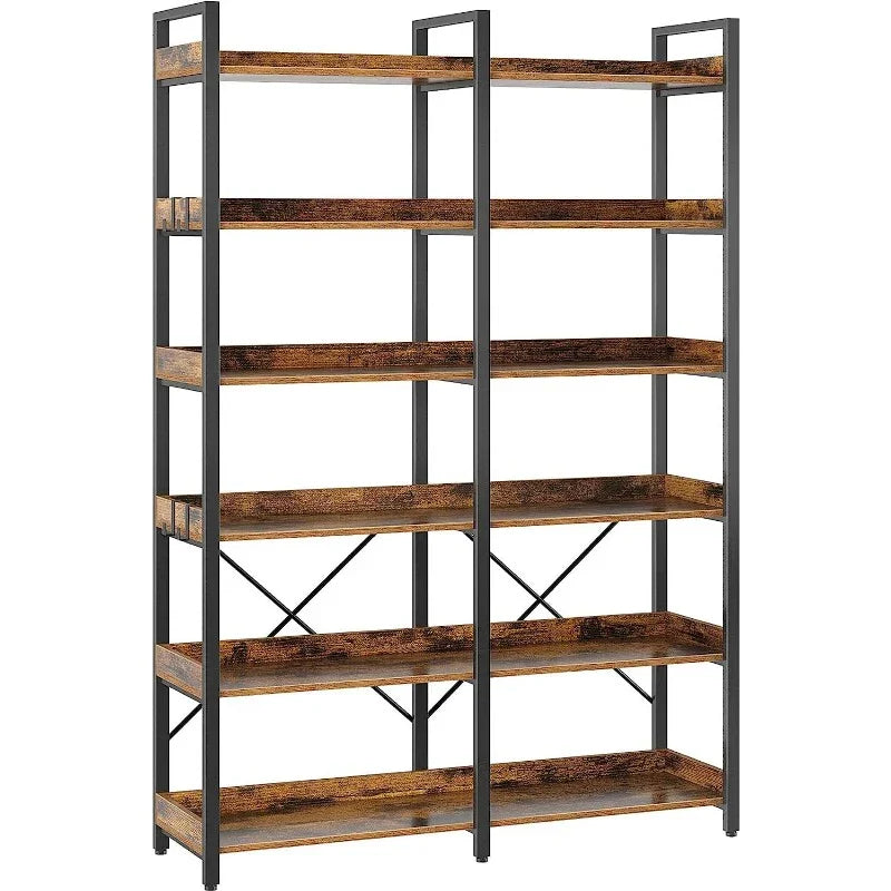Bookshelf 6 Tier with 4 Hooks, 69 Industrial Wooden Bookcase, Vintage Storage Rack with Open Shelves, Standing Bookshelves Metal Frame 47.3 Wide Display Rack House Of Avana
