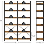Bookshelf 6 Tier with 4 Hooks, 69 Industrial Wooden Bookcase, Vintage Storage Rack with Open Shelves, Standing Bookshelves Metal Frame 47.3 Wide Display Rack House Of Avana