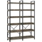 Bookshelf 6 Tier with 4 Hooks, 69 Industrial Wooden Bookcase, Vintage Storage Rack with Open Shelves, Standing Bookshelves Metal Frame 47.3 Wide Display Rack House Of Avana