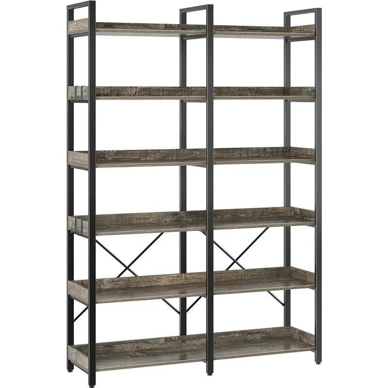 Bookshelf 6 Tier with 4 Hooks, 69 Industrial Wooden Bookcase, Vintage Storage Rack with Open Shelves, Standing Bookshelves Metal Frame 47.3 Wide Display Rack House Of Avana