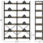 Bookshelf 6 Tier with 4 Hooks, 69 Industrial Wooden Bookcase, Vintage Storage Rack with Open Shelves, Standing Bookshelves Metal Frame 47.3 Wide Display Rack House Of Avana