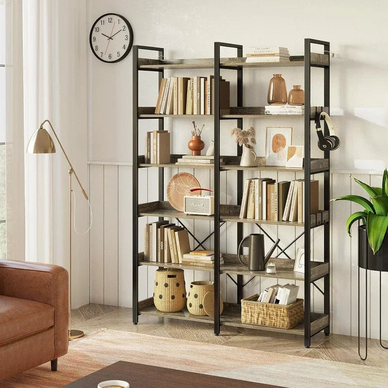 Bookshelf 6 Tier with 4 Hooks, 69 Industrial Wooden Bookcase, Vintage Storage Rack with Open Shelves, Standing Bookshelves Metal Frame 47.3 Wide Display Rack House Of Avana