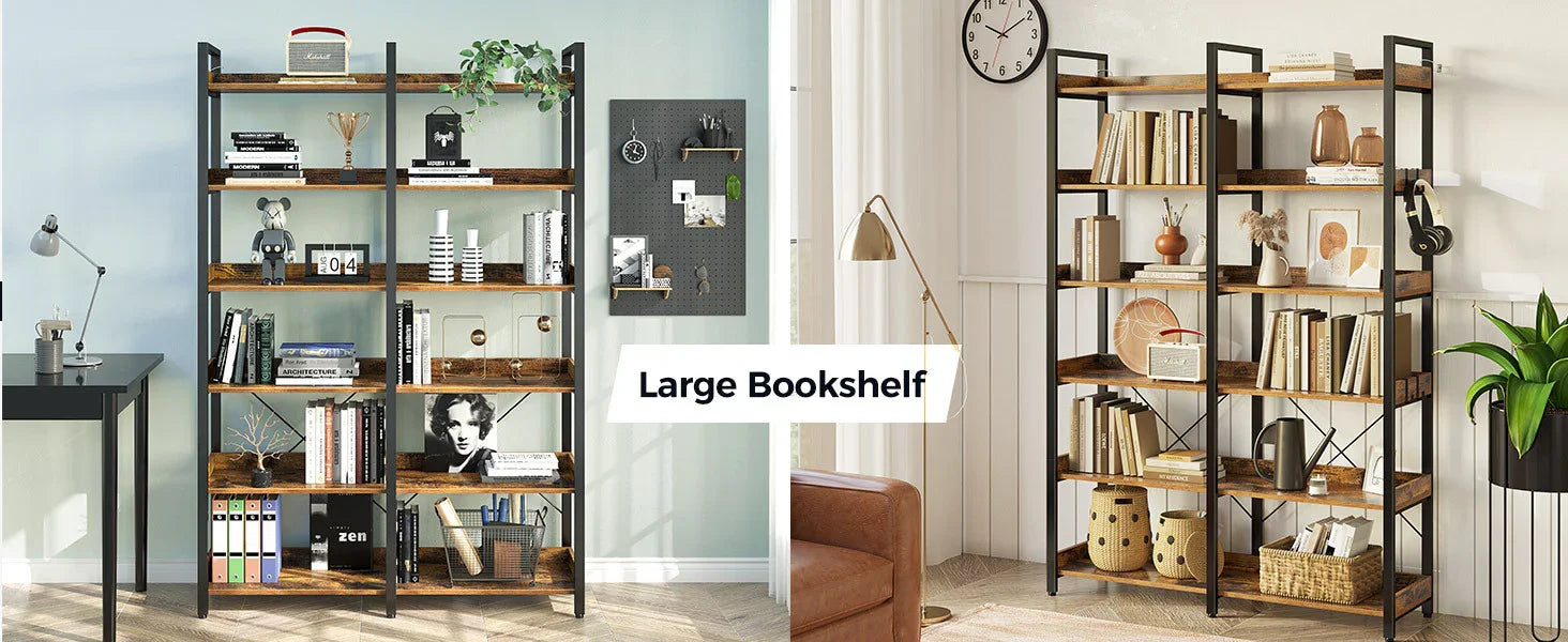 Bookshelf 6 Tier with 4 Hooks, 69 Industrial Wooden Bookcase, Vintage Storage Rack with Open Shelves, Standing Bookshelves Metal Frame 47.3 Wide Display Rack House Of Avana