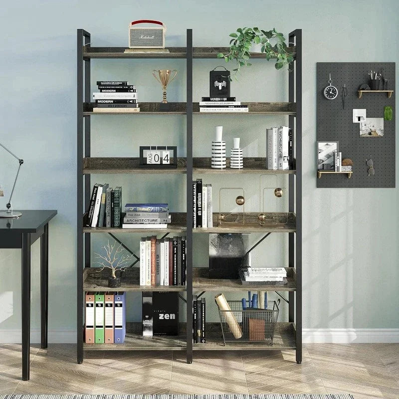 Bookshelf 6 Tier with 4 Hooks, 69 Industrial Wooden Bookcase, Vintage Storage Rack with Open Shelves, Standing Bookshelves Metal Frame 47.3 Wide Display Rack House Of Avana