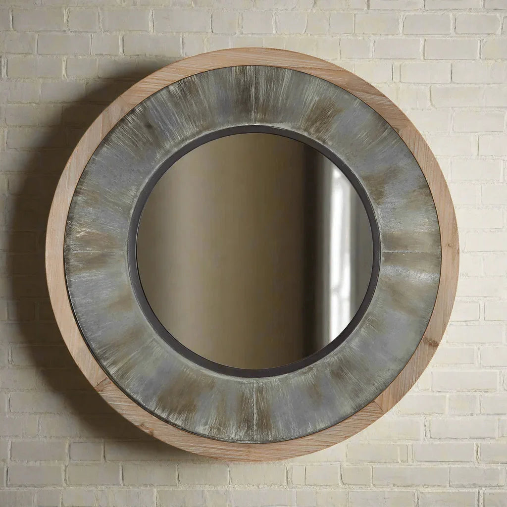 Vintage Industrial Round Wall Mirror with Wood and Metal Frame Vintage Shopper