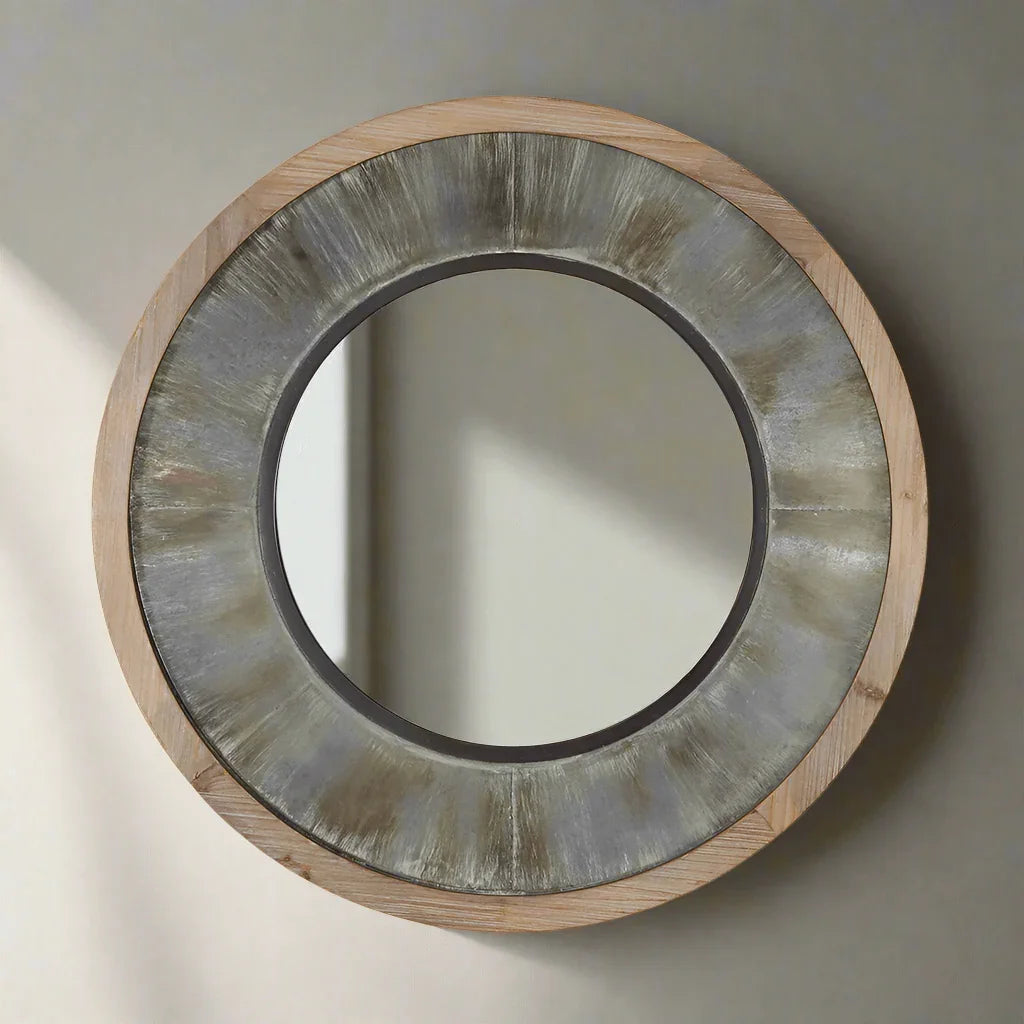 Vintage Industrial Round Wall Mirror with Wood and Metal Frame Vintage Shopper