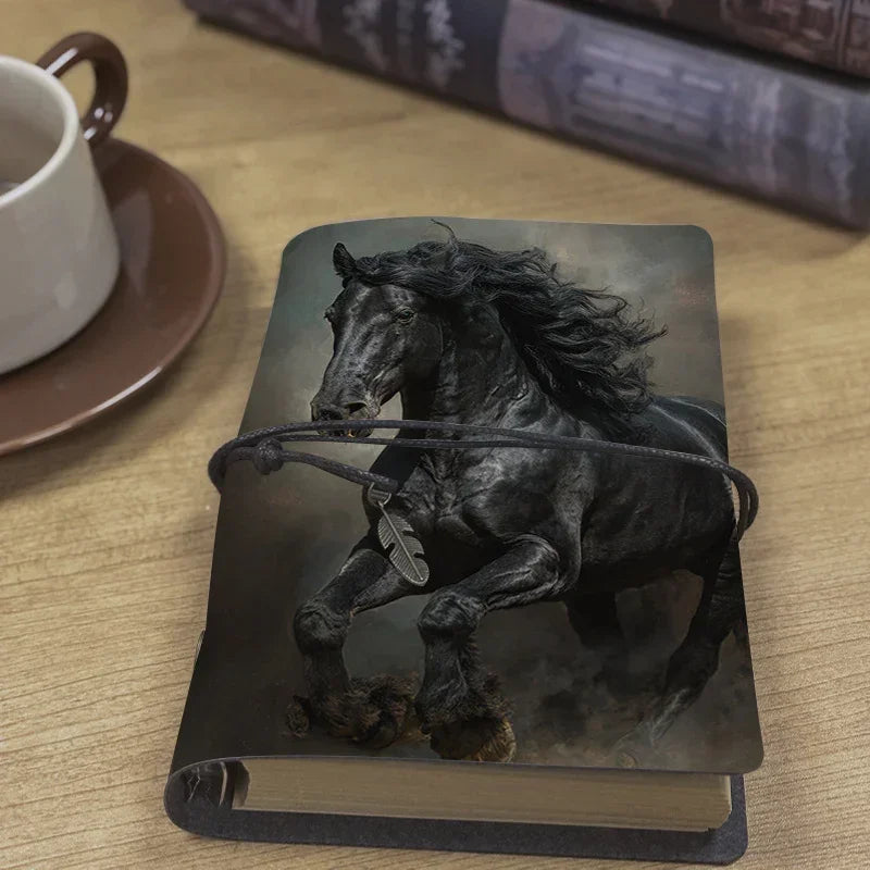 Vintage Leather Notebook 80 Sheets/ 160 Pages Corporate Gift for Staff Ideal for Daily Work Log Client Meeting Notes and Registration with Black Horse with Flowing Mane Pattern