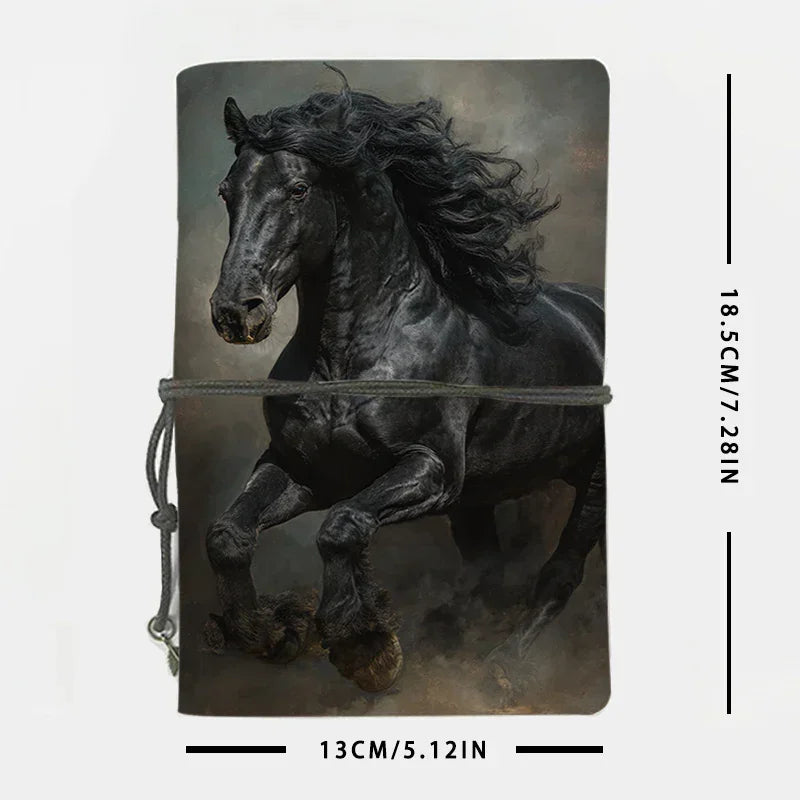 Vintage Leather Notebook 80 Sheets/ 160 Pages Corporate Gift for Staff Ideal for Daily Work Log Client Meeting Notes and Registration with Black Horse with Flowing Mane Pattern